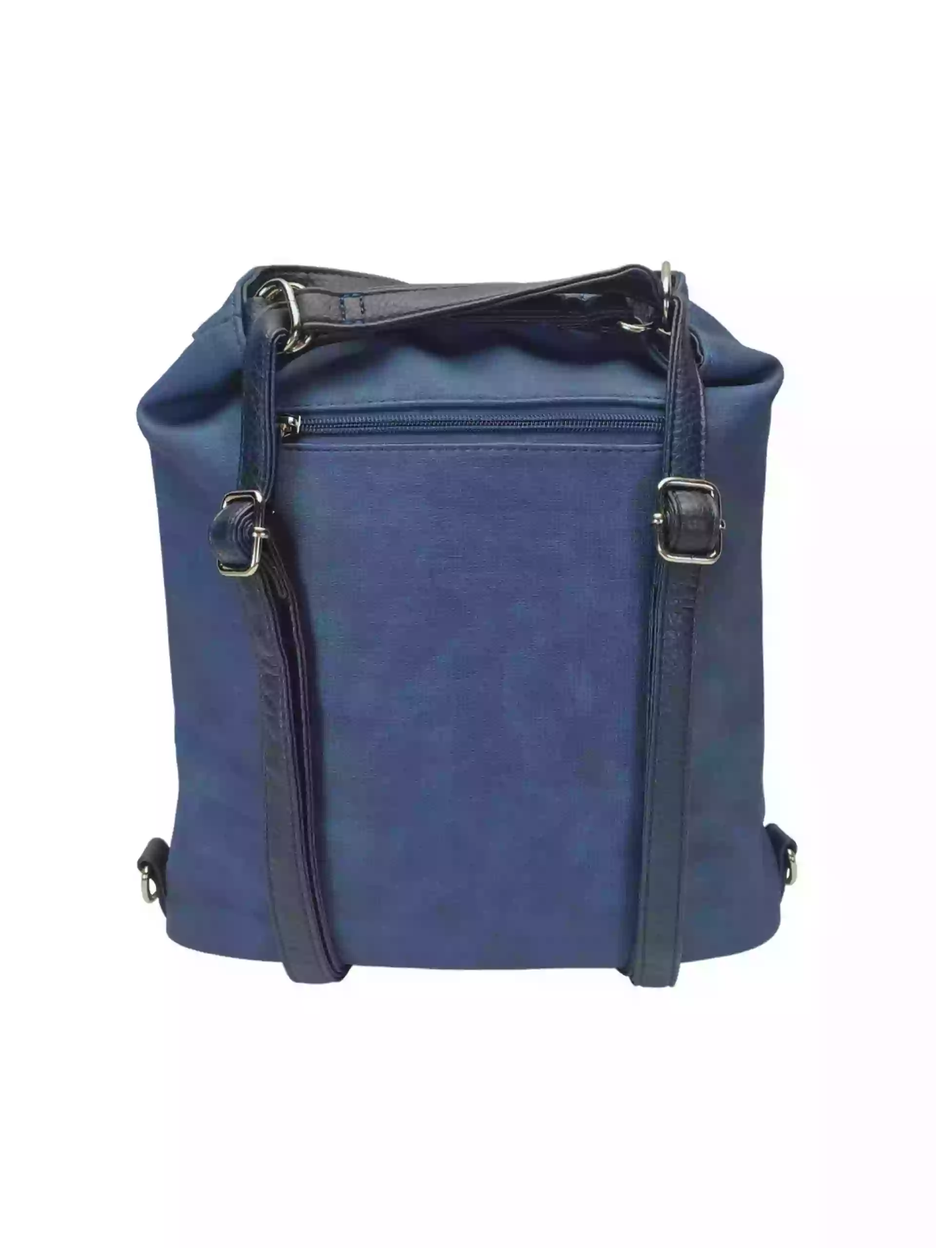 Střední středně modrý kabelko-batoh 2v1 s šikmým zipem, Tapple, H190061, zadní strana kabelko-batohu 2v1 s popruhy