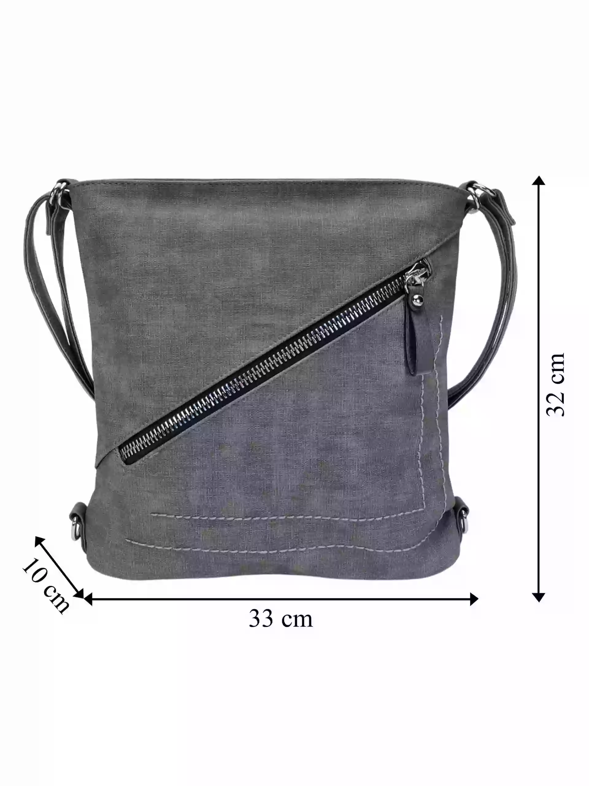 Střední středně šedý kabelko-batoh 2v1 s šikmým zipem, Tapple, H190061, přední strana kabelko-batohu 2v1 s rozměry