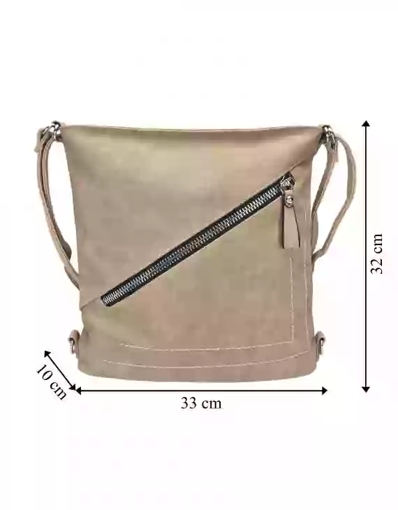 Střední světle hnědý kabelko-batoh 2v1 s šikmým zipem, Tapple, H190061, přední strana kabelko-batohu 2v1 s rozměry