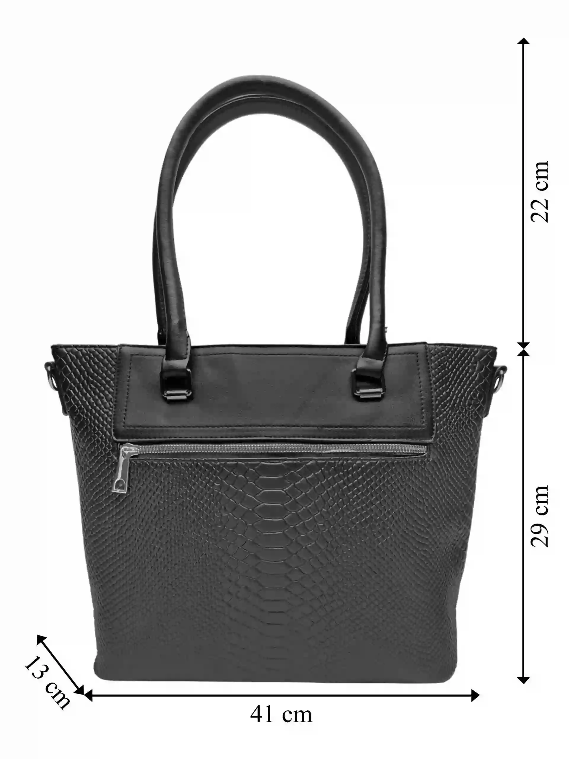 Černá kabelka do ruky se vzorem hadí kůže, Tapple, H190014N, přední strana kabelky do ruky s rozměry