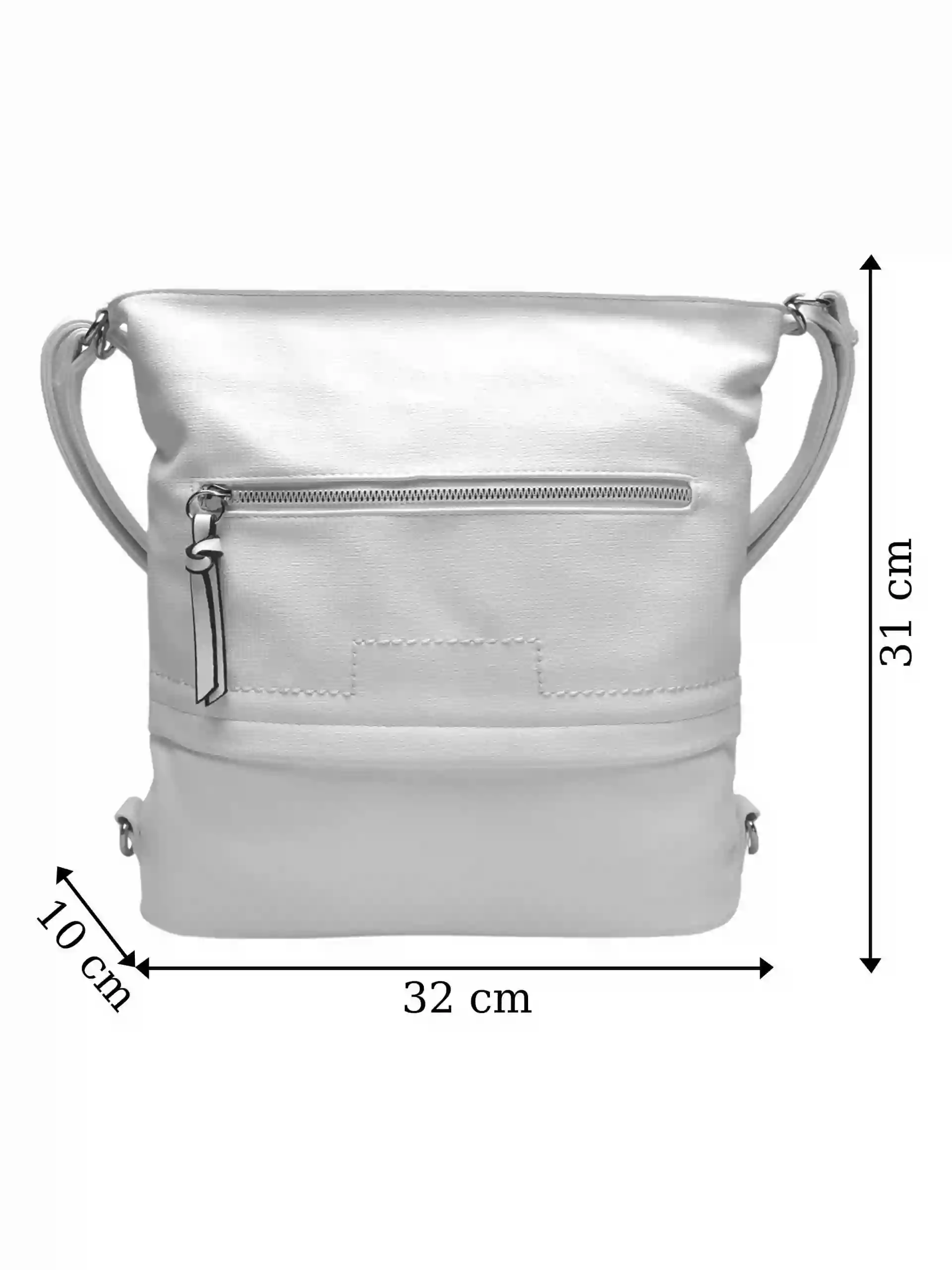 Střední bílý kabelko-batoh 2v1 s praktickou kapsou, Tapple, H190062, přední strana kabelko-batohu s rozměry