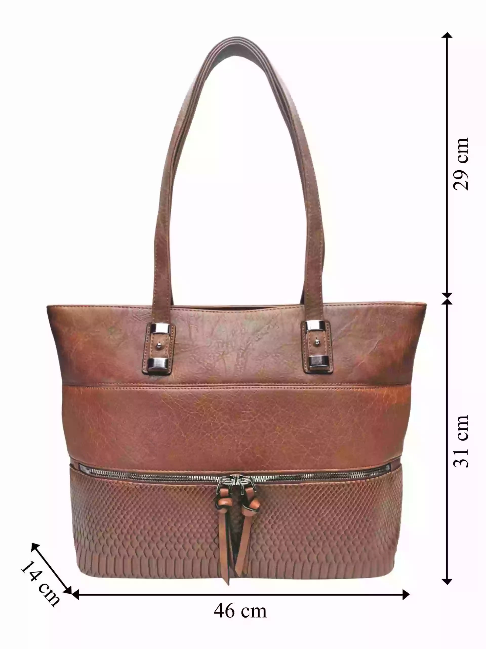 Středně hnědá kabelka přes rameno s kapsou, Tapple, H22091, přední strana kabelky s rozměry
