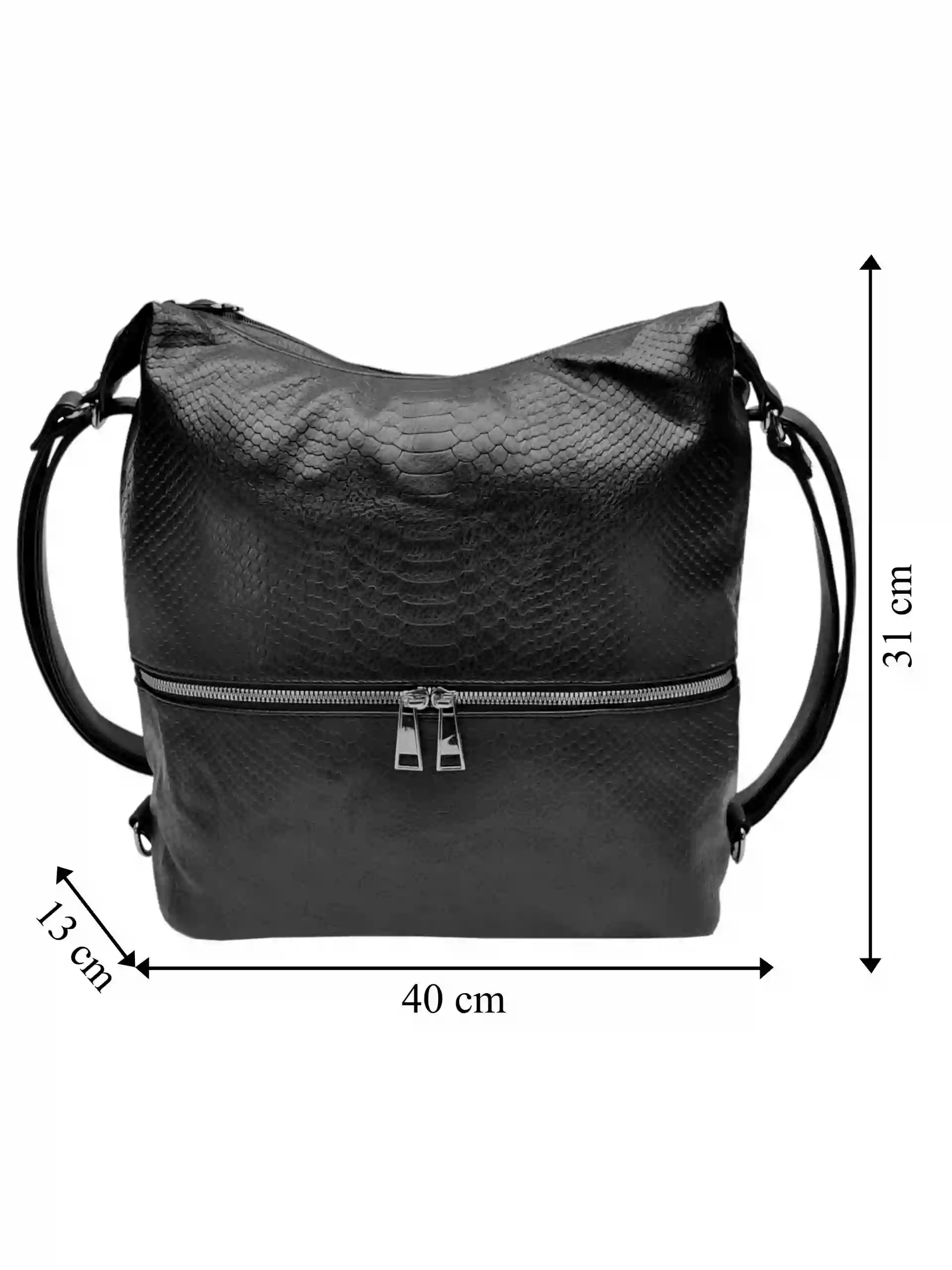 Moderní černý kabelko-batoh z eko kůže, Tapple, H190010, přední strana kabelko-batohu 2v1 s rozměry