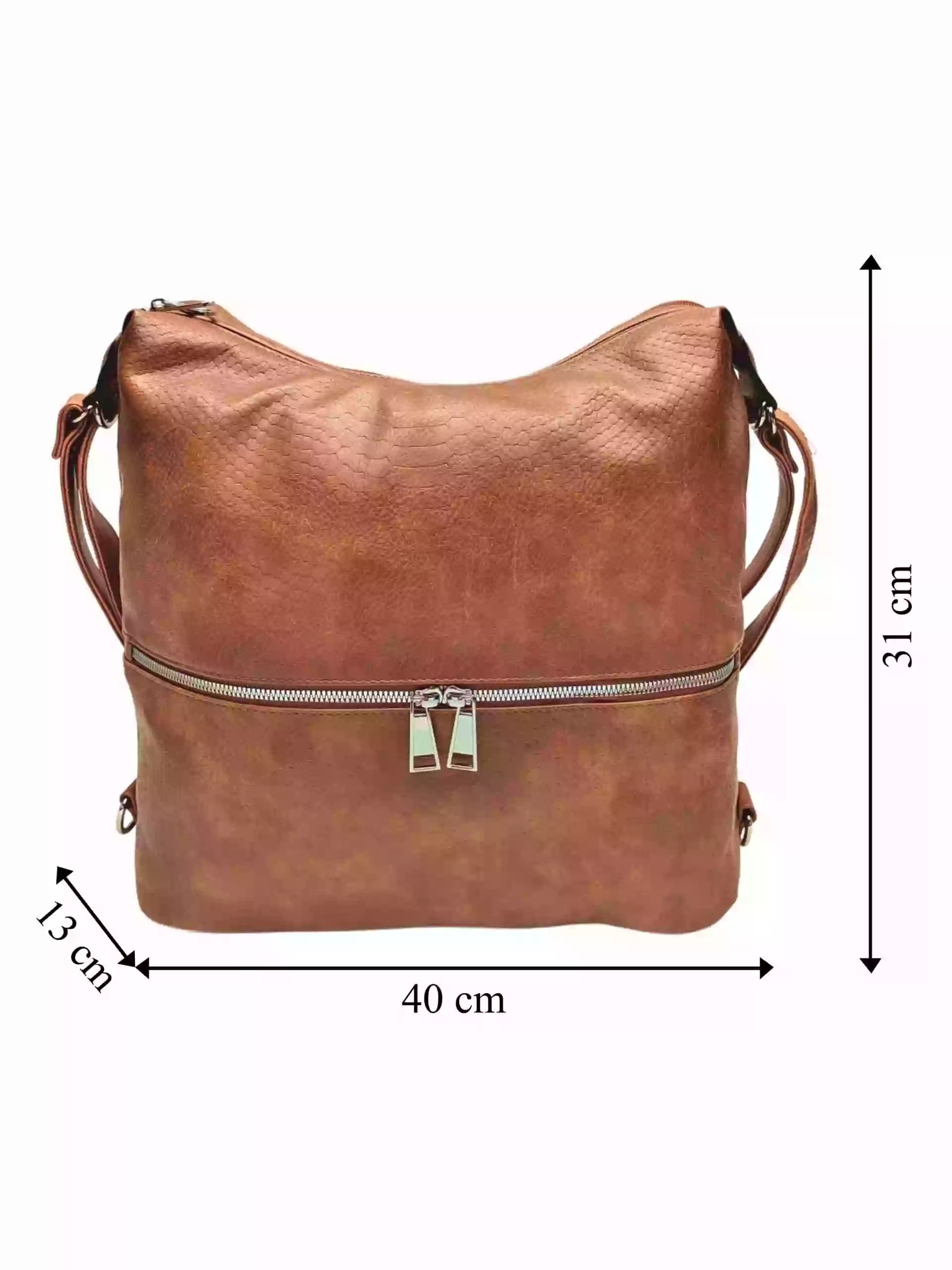 Moderní středně hnědý kabelko-batoh z eko kůže, Tapple, H190010, přední strana kabelko-batohu 2v1 s rozměry