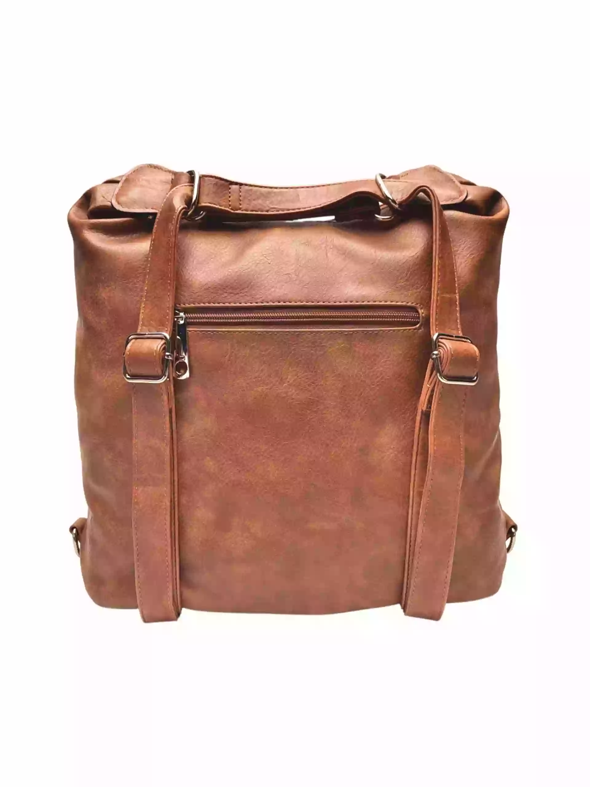 Velký středně hnědý kabelko-batoh z eko kůže, Tapple, H18077, zadní strana kabelko-batohu 2v1 s popruhy