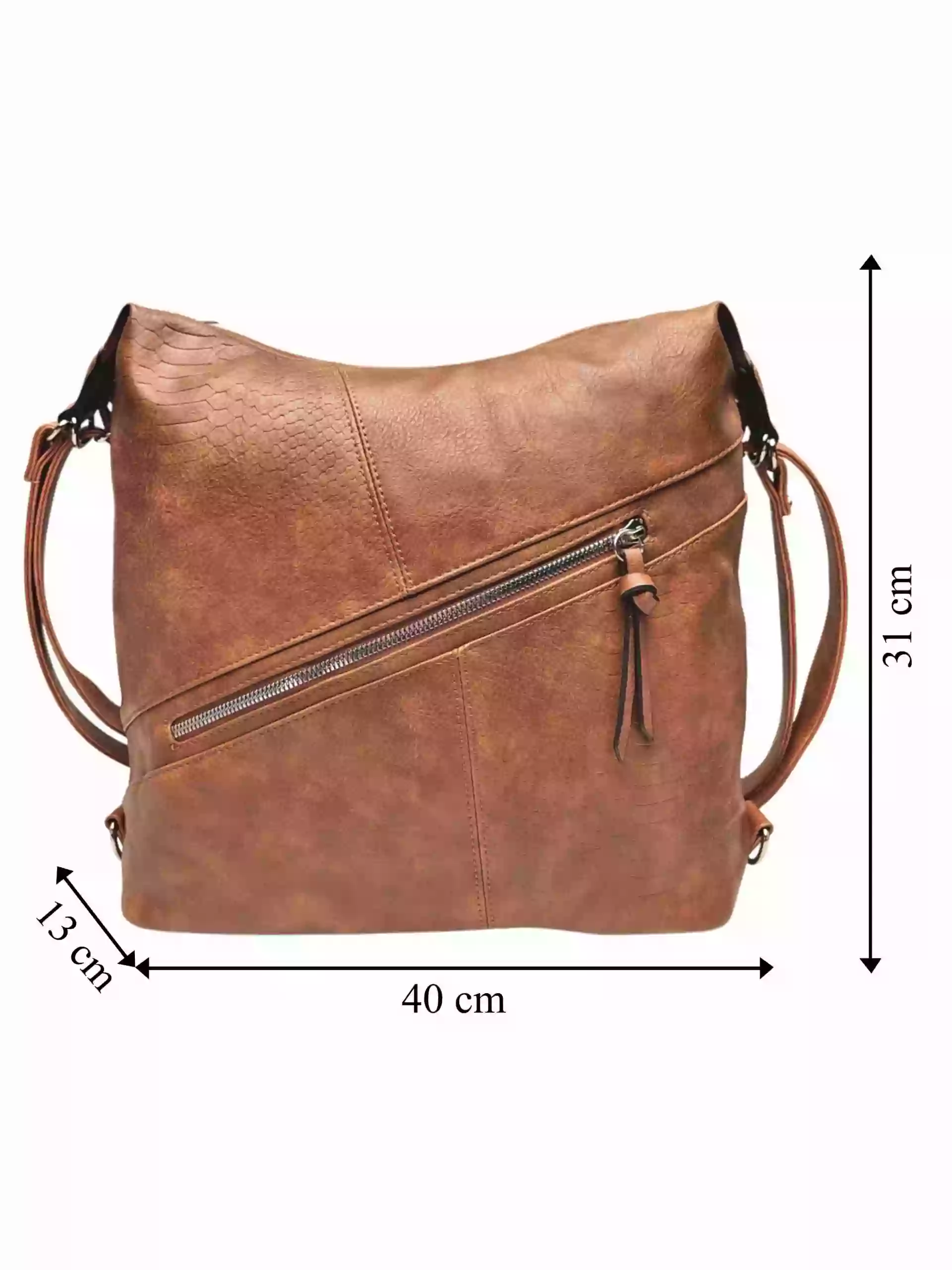 Velký středně hnědý kabelko-batoh z eko kůže, Tapple, H18077, přední strana kabelko-batohu 2v1 s rozměry