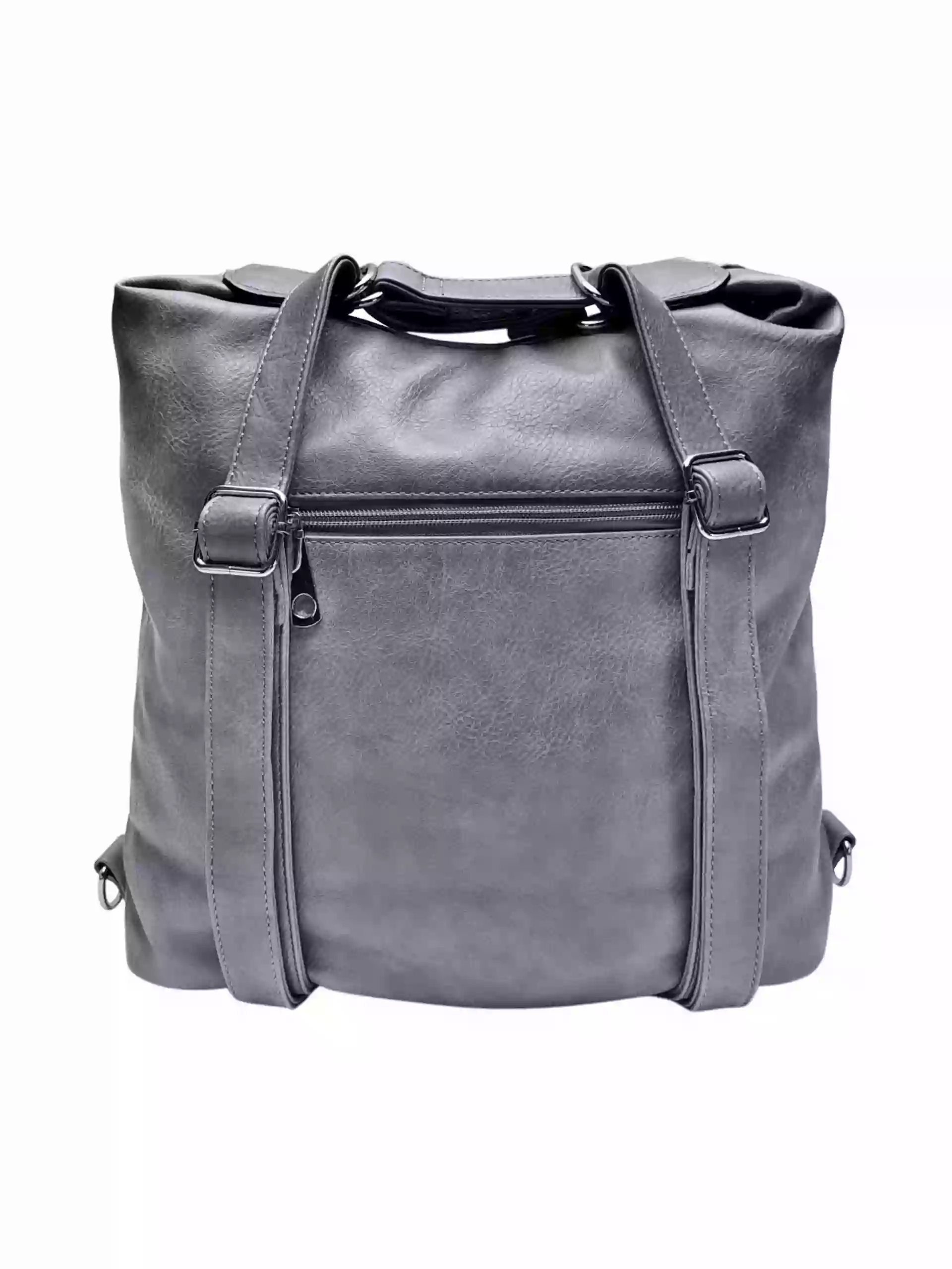 Velký středně šedý kabelko-batoh z eko kůže, Tapple, H18077, zadní strana kabelko-batohu 2v1 s popruhy