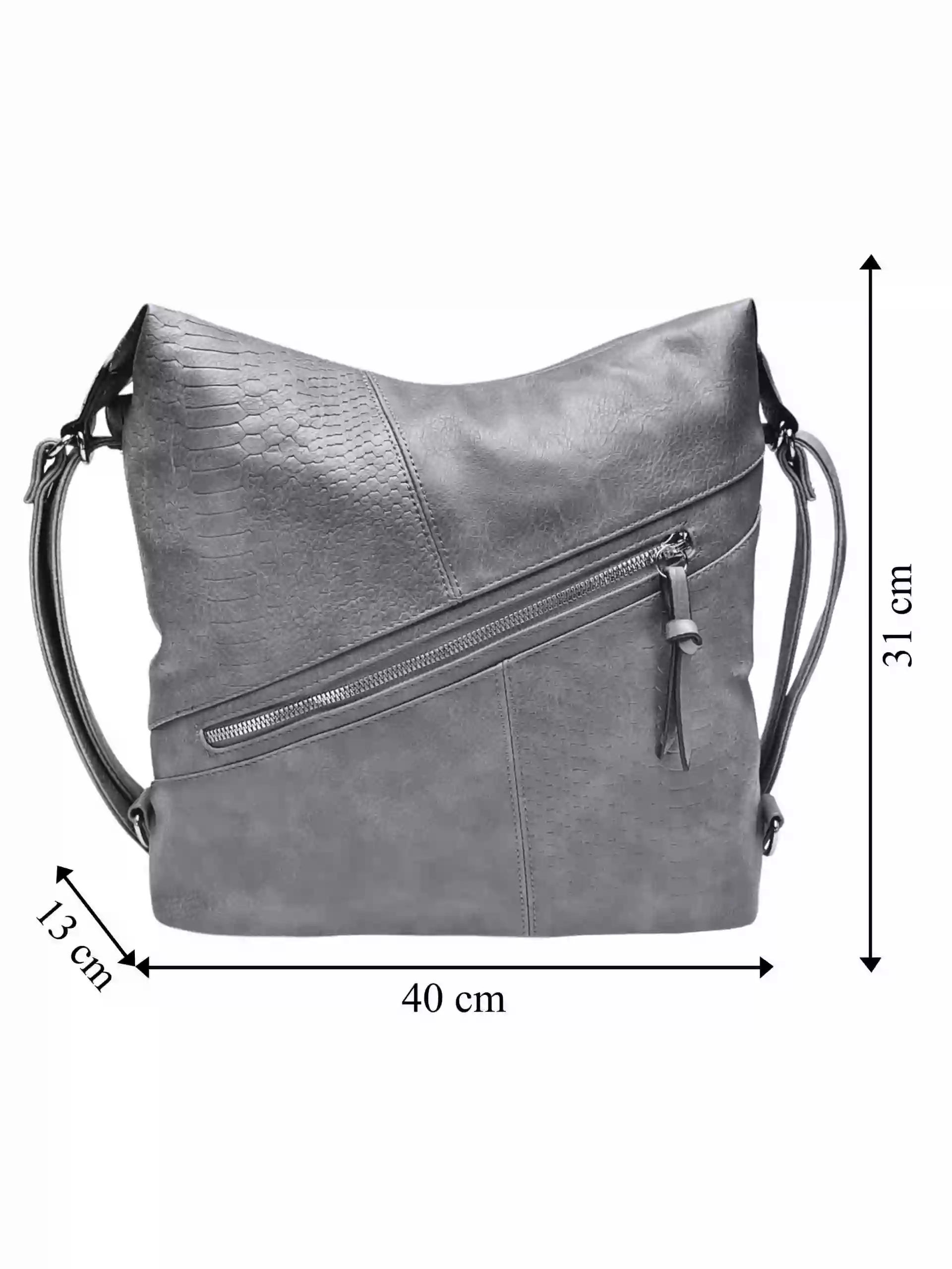 Velký středně šedý kabelko-batoh z eko kůže, Tapple, H18077, přední strana kabelko-batohu 2v1 s rozměry