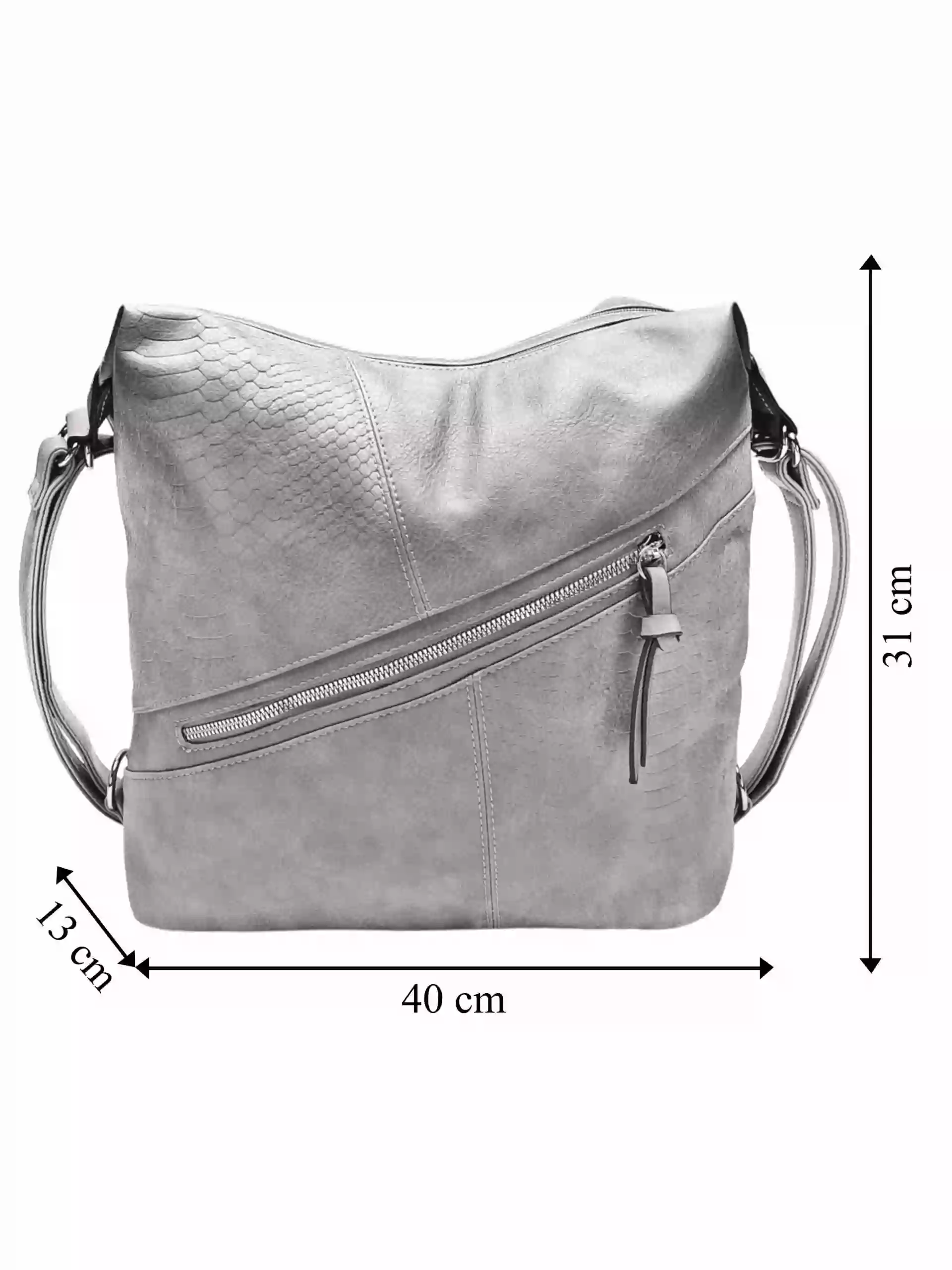 Velký světle šedý kabelko-batoh z eko kůže, Tapple, H18077, přední strana kabelko-batohu 2v1 s rozměry