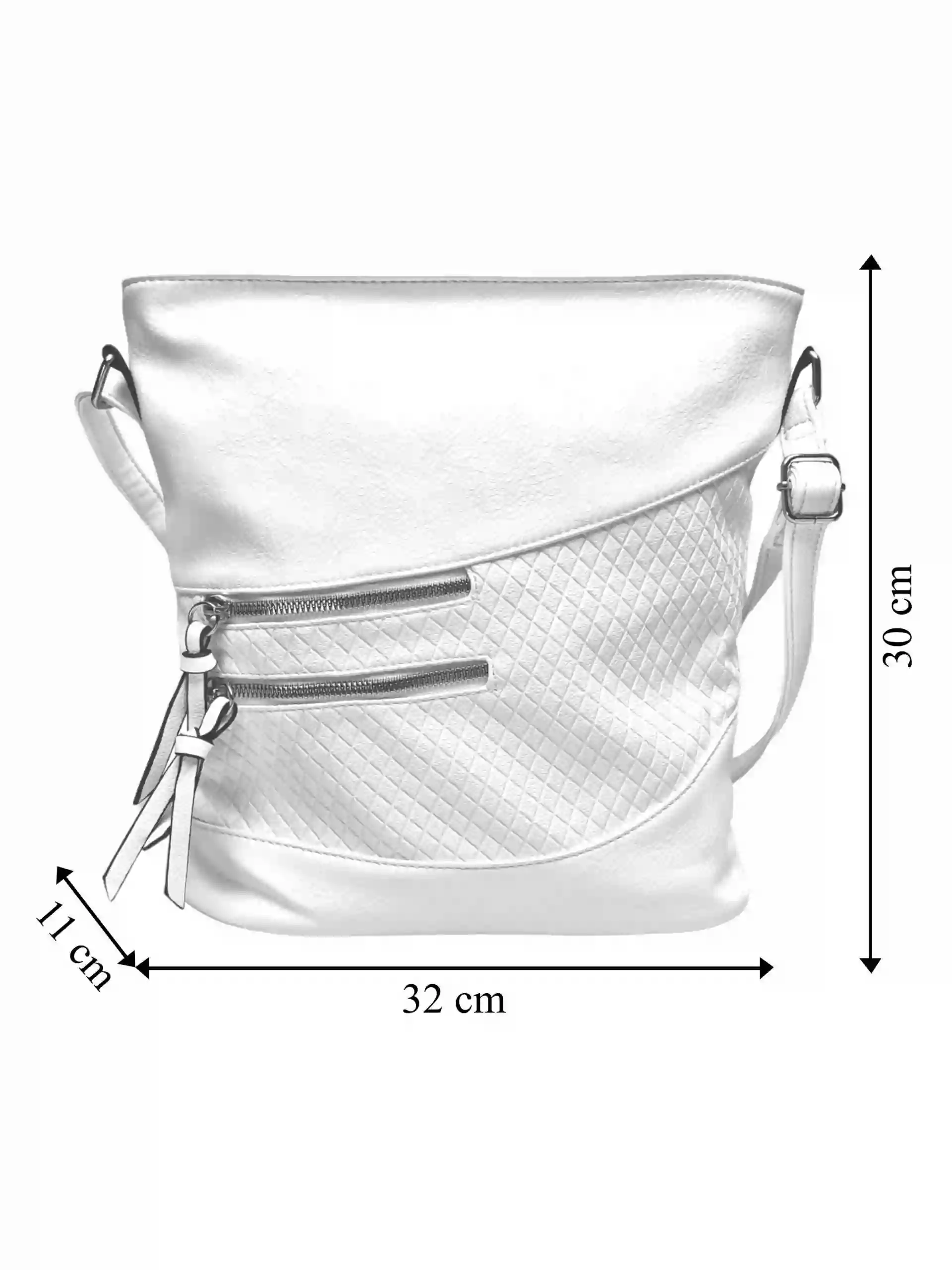 Bílá crossbody kabelka s líbivou texturou, Tapple, H17360, přední strana crossbody kabelky s rozměry
