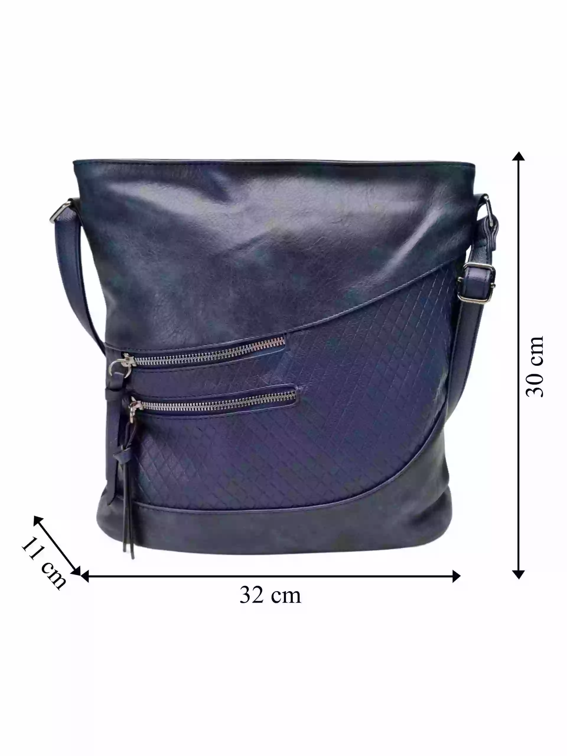 Tmavě modrá crossbody kabelka s líbivou texturou, Tapple, H17360, přední strana crossbody kabelky s rozměry