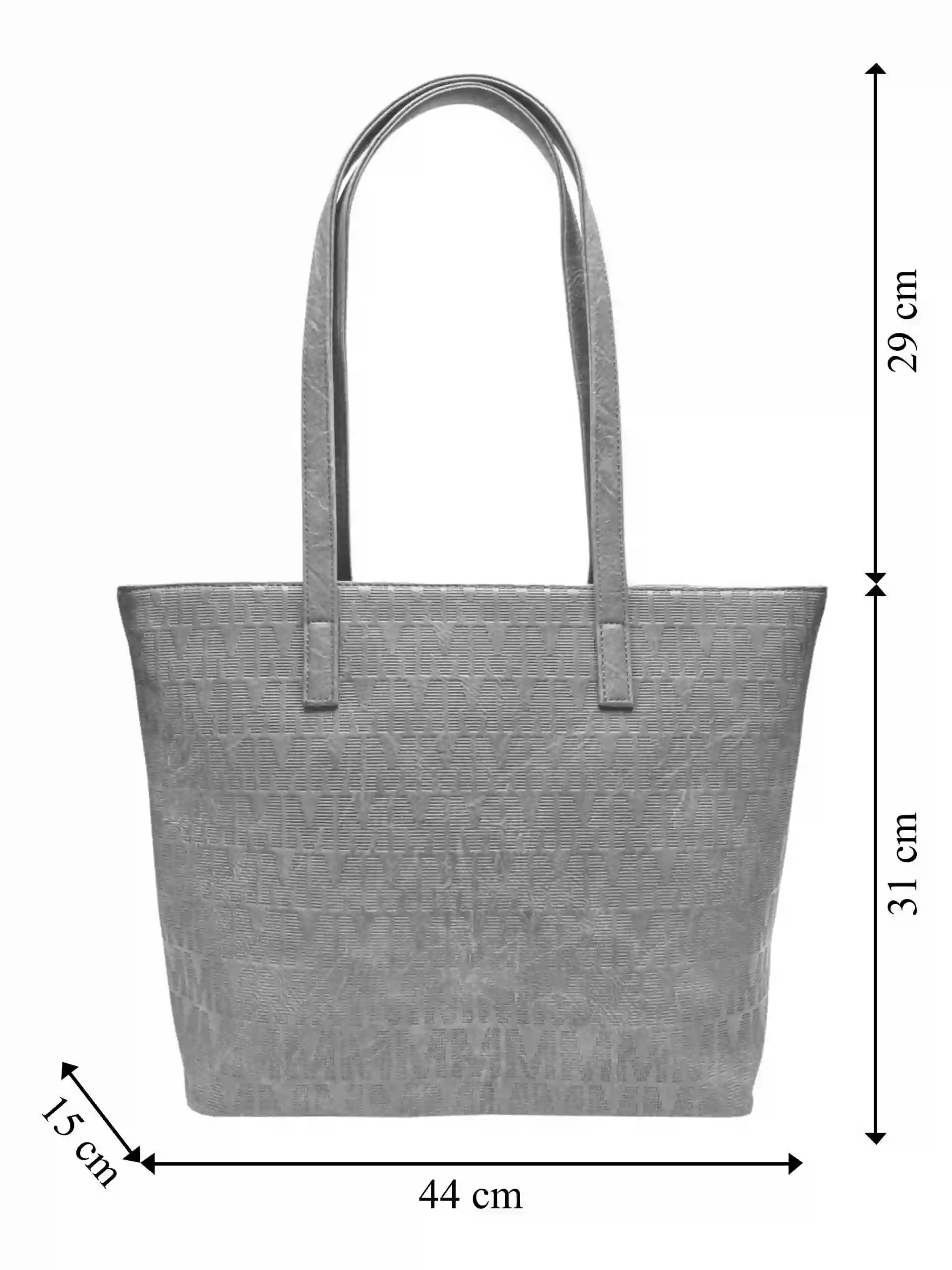 Velká středně šedá kabelka přes rameno se vzorem, Tapple, H22409-1, strana kabelky přes rameno s rozměry
