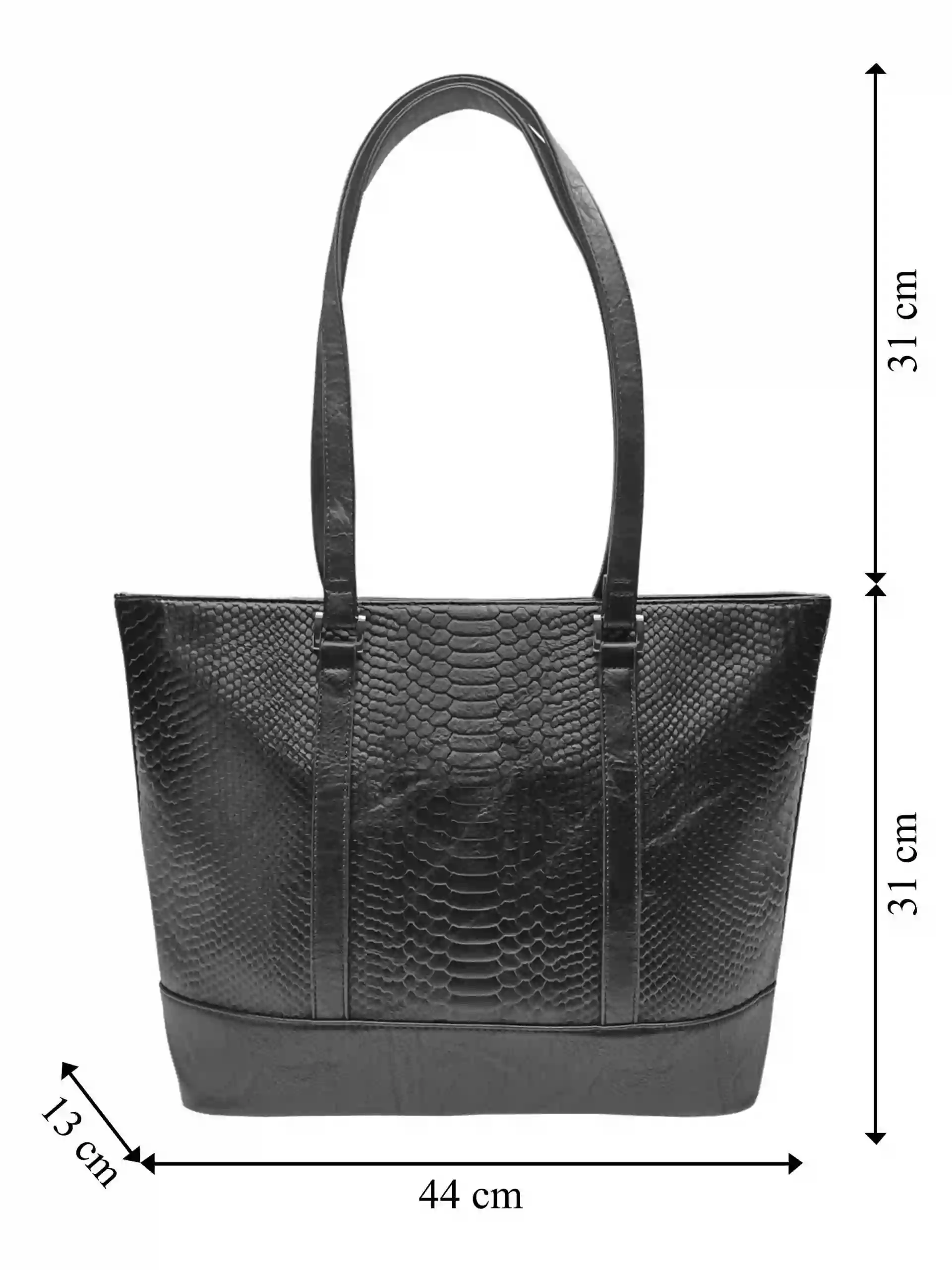 Černá kabelka přes rameno s hadím vzorem, Tapple, H22919, přední strana kabelky přes rameno s rozměry