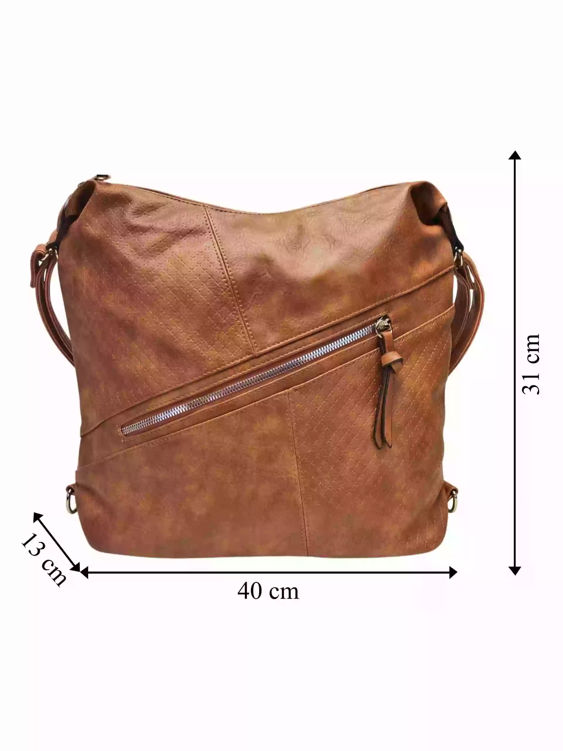 Velký středně hnědý kabelko-batoh s šikmou kapsou, Tapple, H18077N2, přední strana kabelko-batohu 2v1 s rozměry