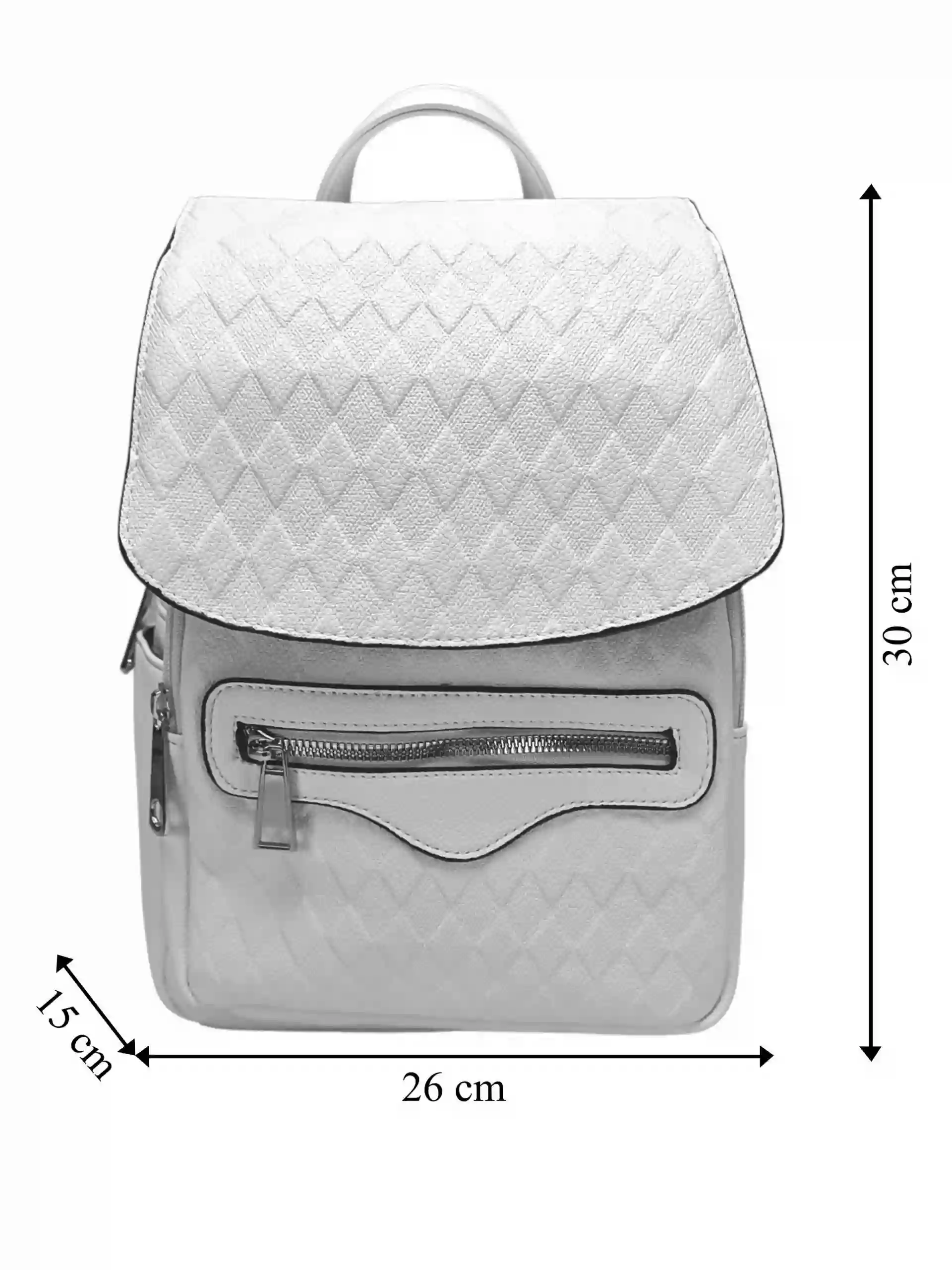 Bílý dámský batoh s kosočtverci, Tapple, H22113-1, přední strana batohu s rozměry