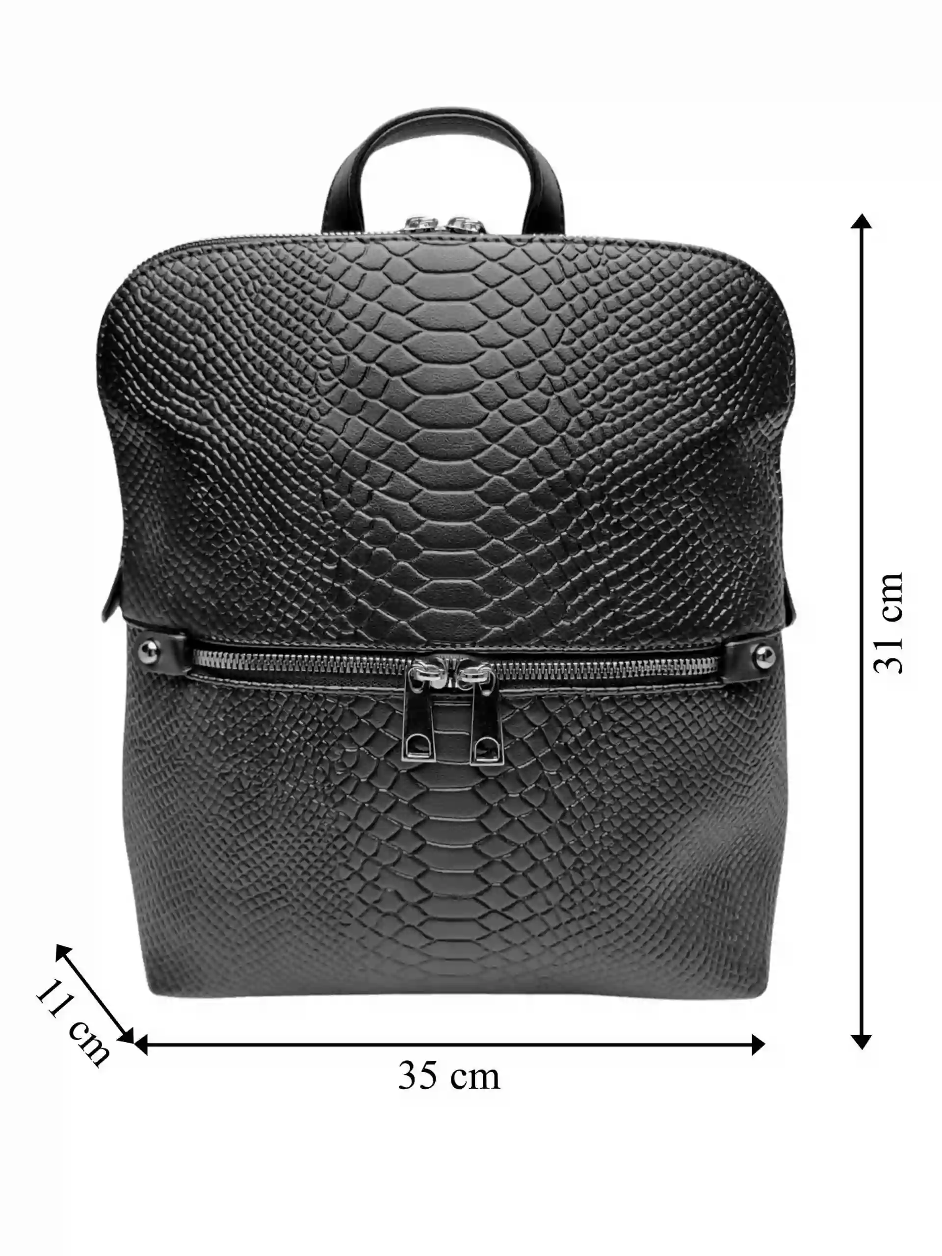 Černý dámský batoh s hadí texturou, Tapple, H20820, přední strana batohu s rozměry