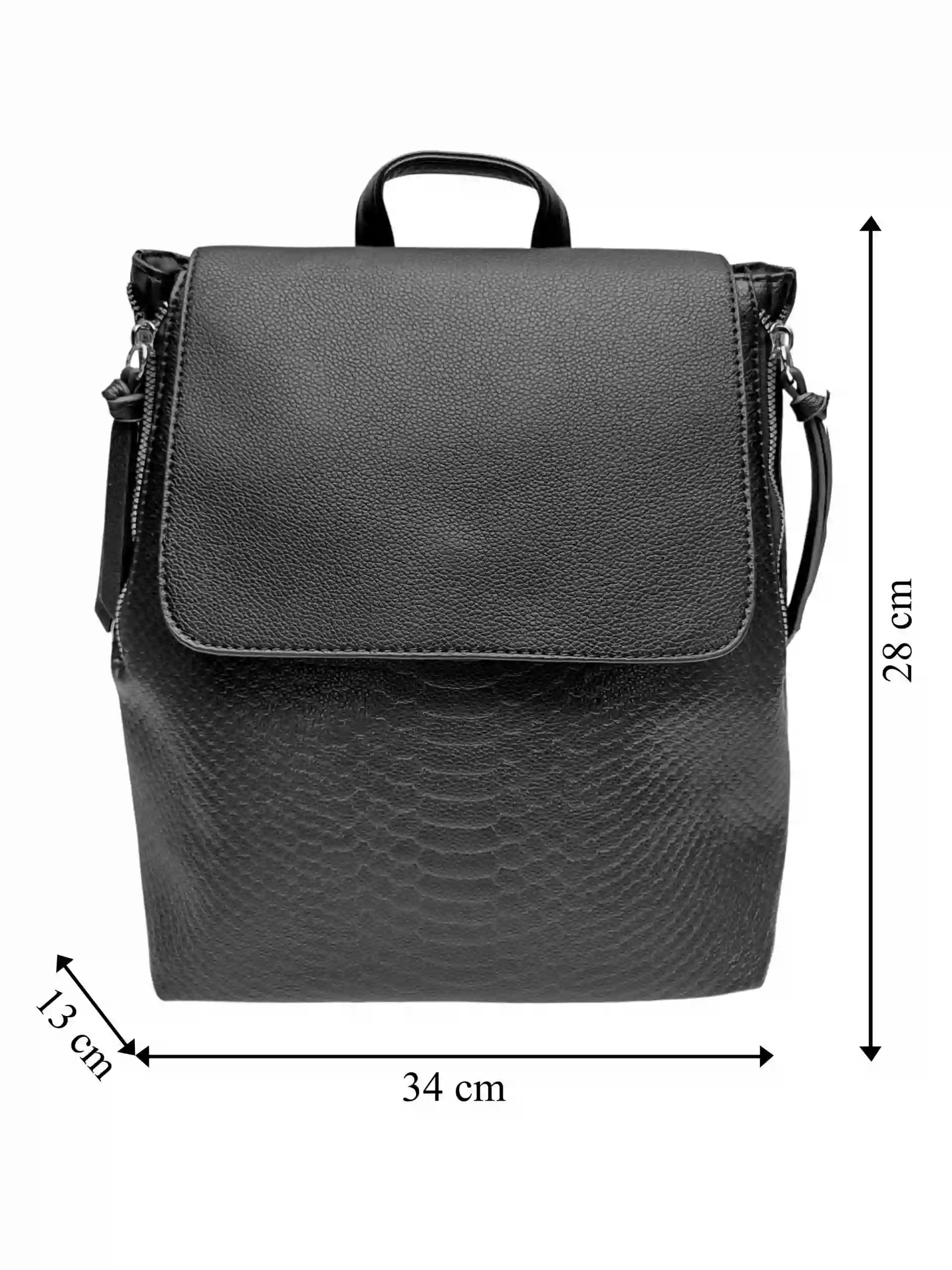 Černý dámský batoh s hadím vzorem, Tapple, H22386, přední strana batohu s rozměry