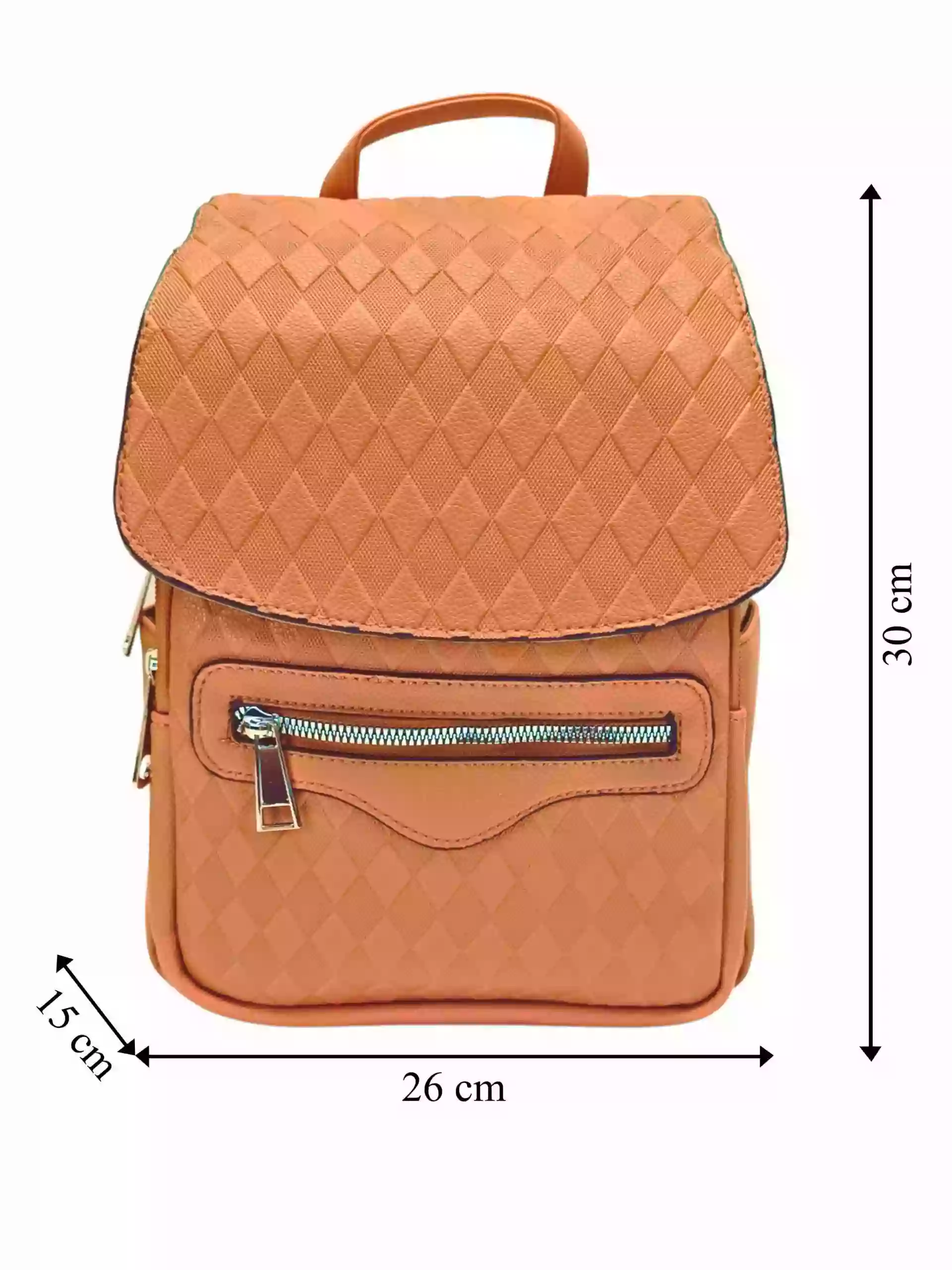 Středně hnědý dámský batoh s kosočtverci, Tapple, H22113-1, přední strana batohu s rozměry
