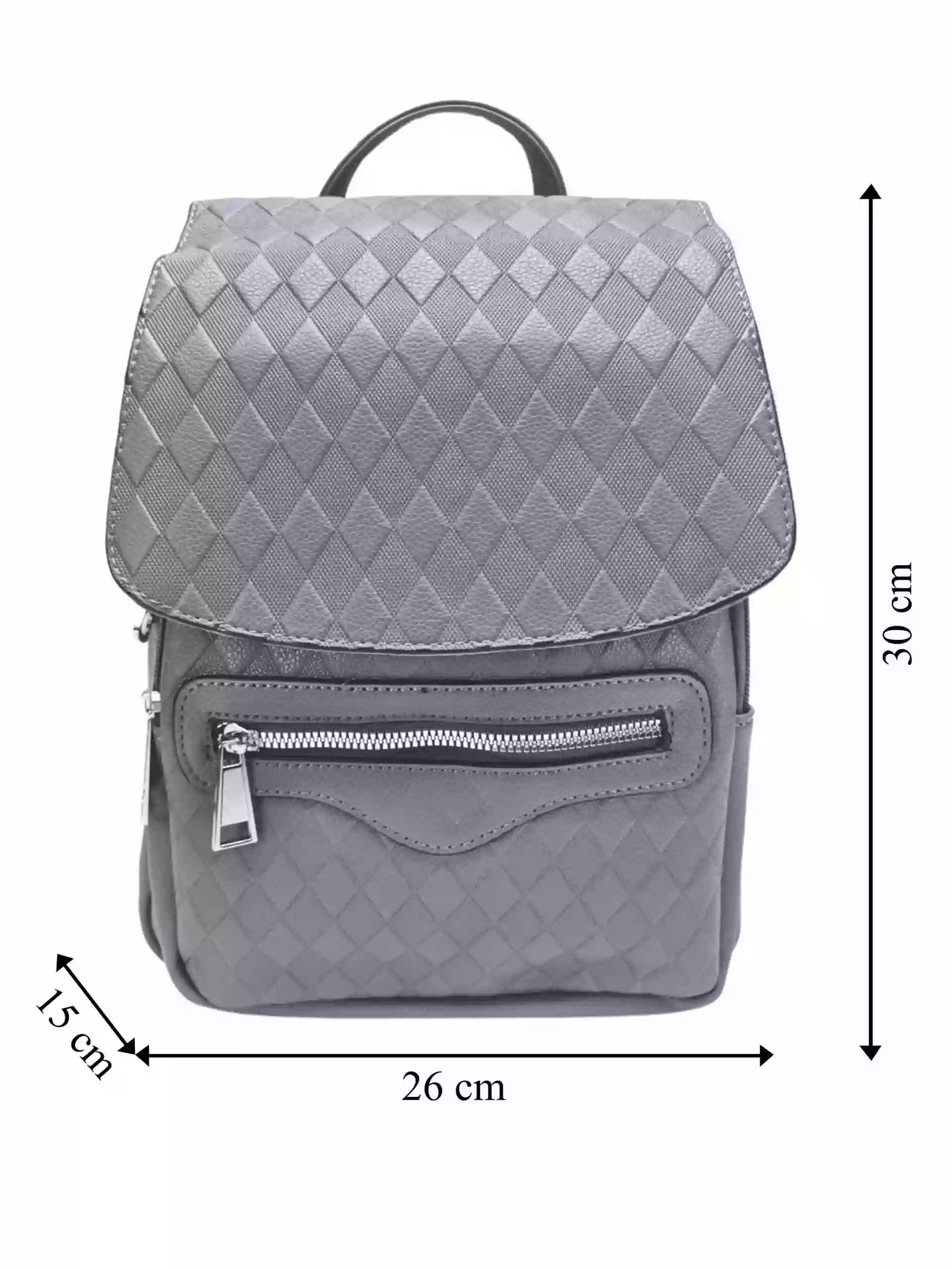 Středně šedý dámský batoh s kosočtverci, Tapple, H22113-1, přední strana batohu s rozměry