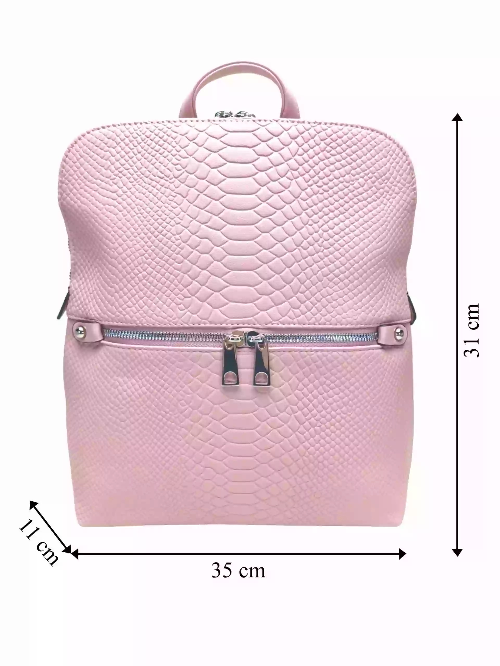 Světle růžový dámský batoh s hadí texturou, Tapple, H20820, přední strana batohu s rozměry