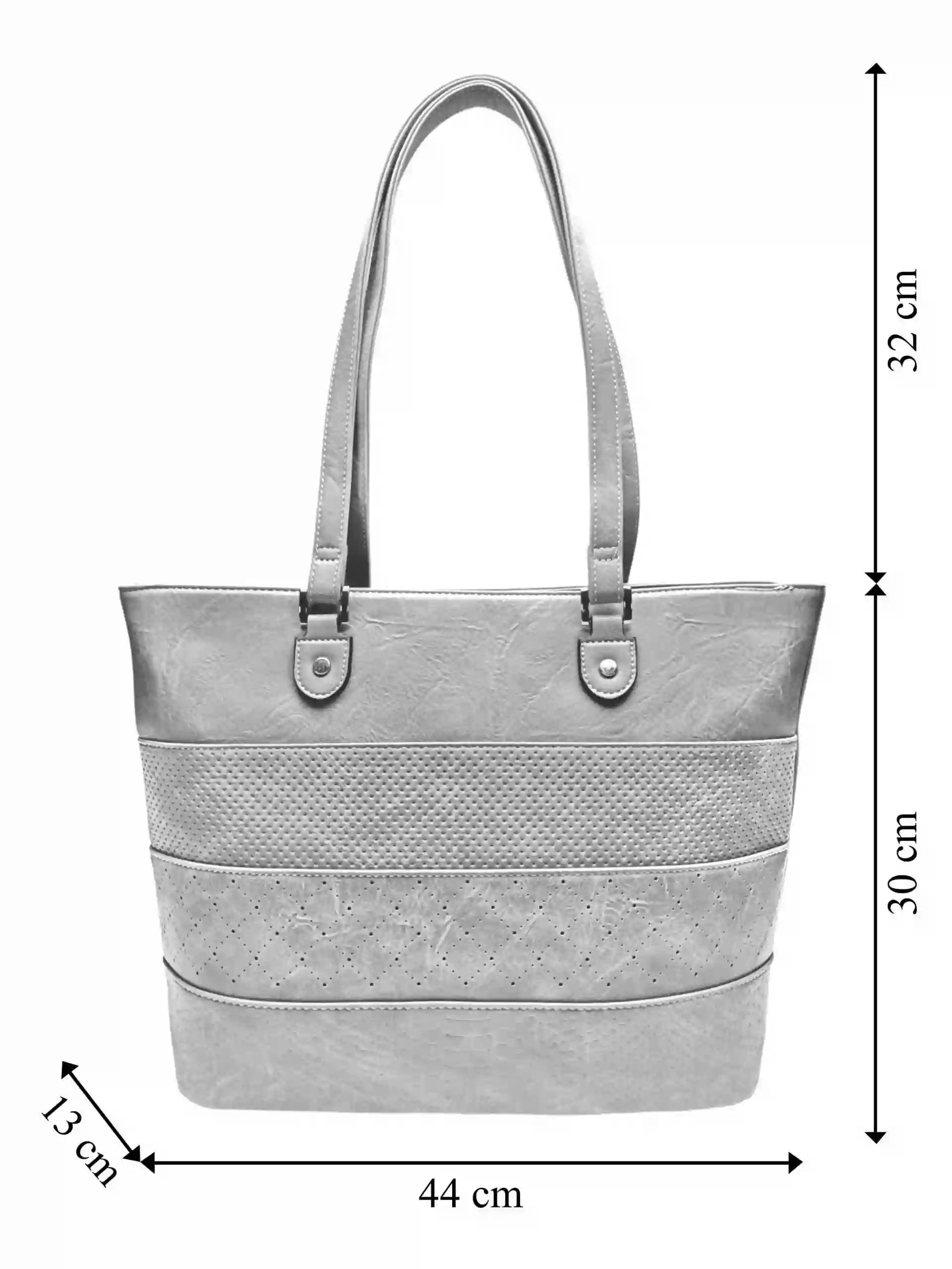 Světle šedá kabelka přes rameno se vzory, Tapple, H22922-1, přední strana kabelky přes rameno s rozměry