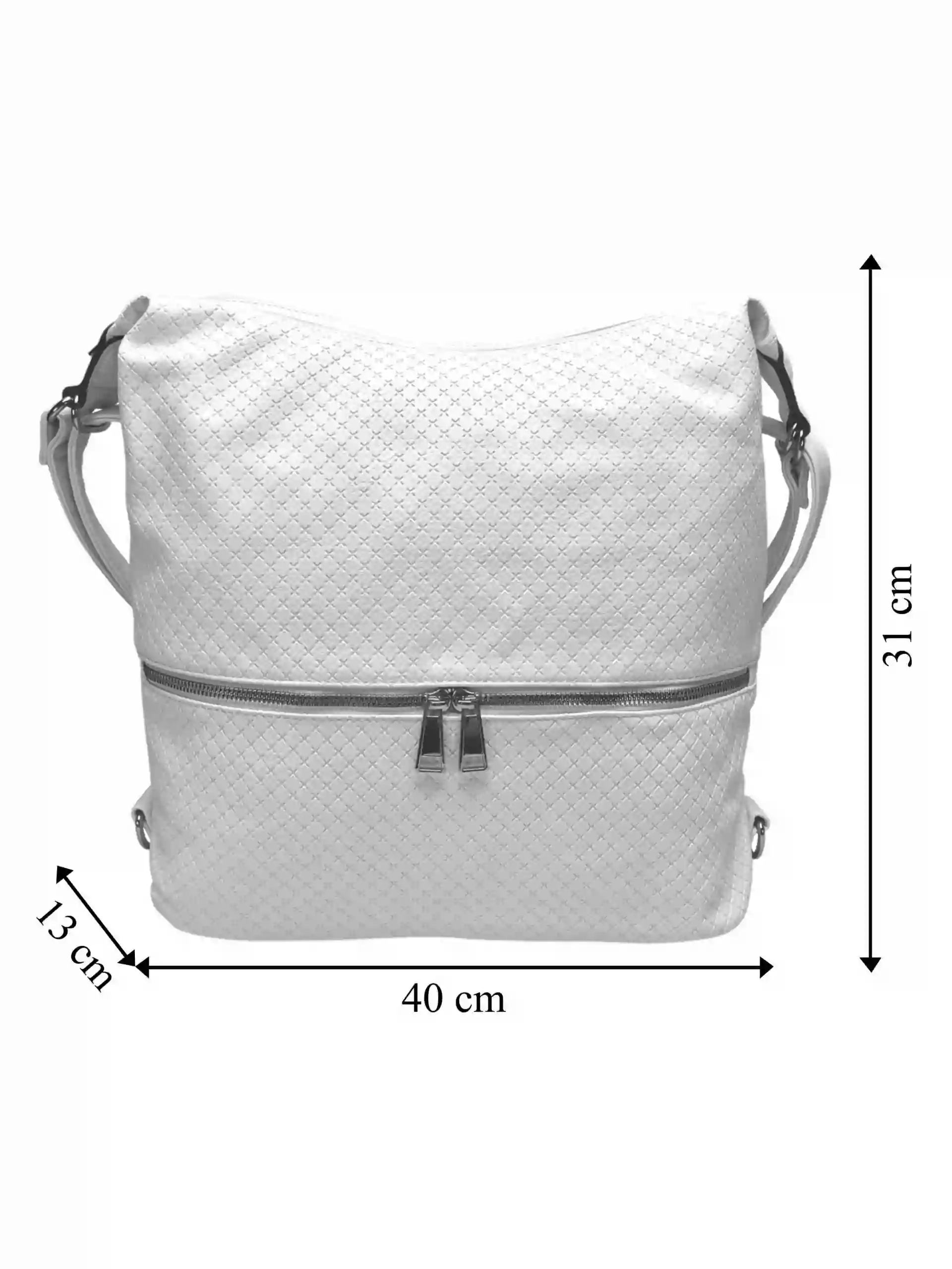 Velký bílý kabelko-batoh 2v1 s praktickou kapsou, Tapple, H190010N+, přední strana kabelko-batohu 2v1 s rozměry