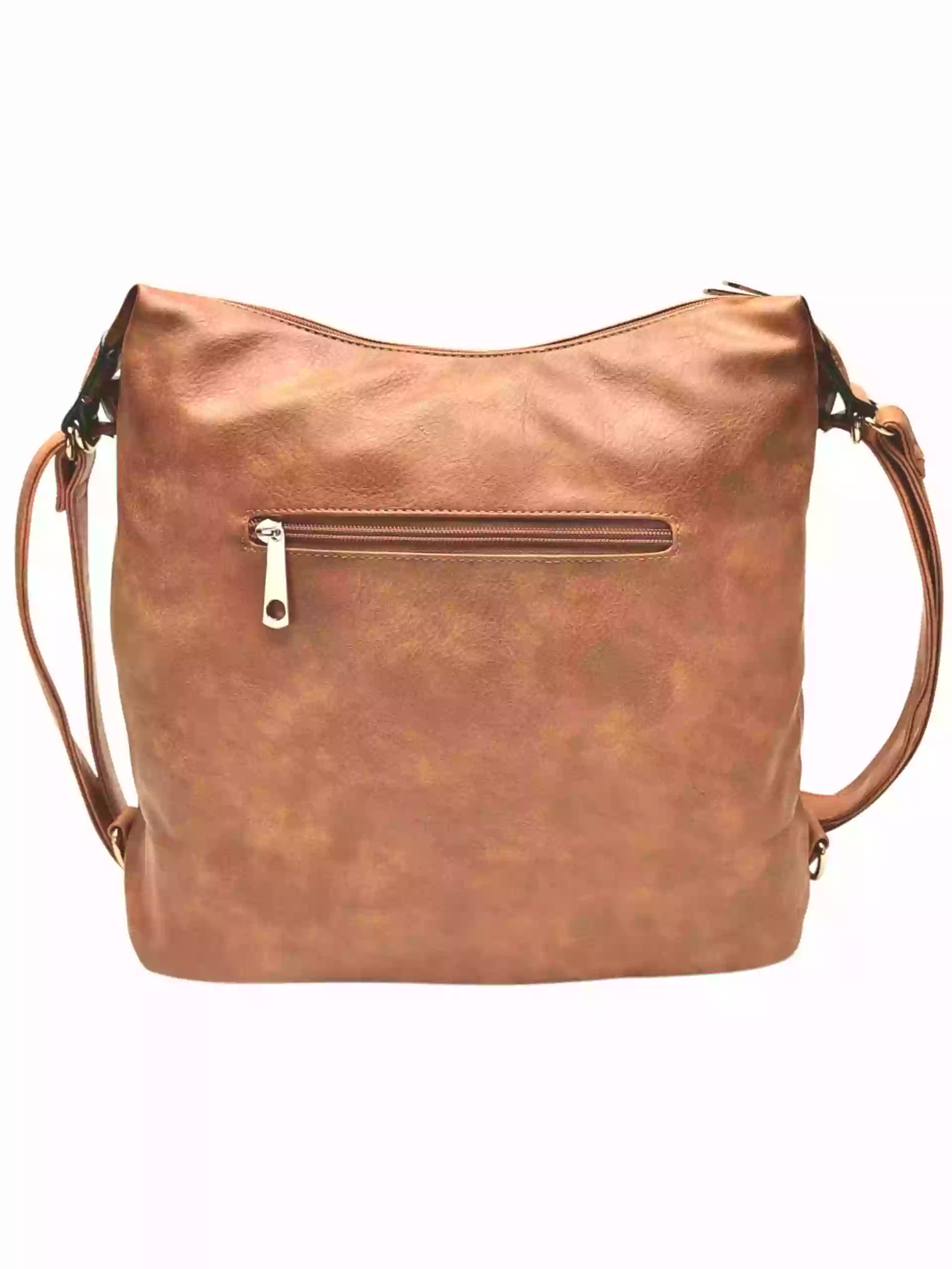 Velký středně hnědý kabelko-batoh 2v1 s praktickou kapsou, Tapple, H190010N, zadní strana kabelko-batohu 2v1