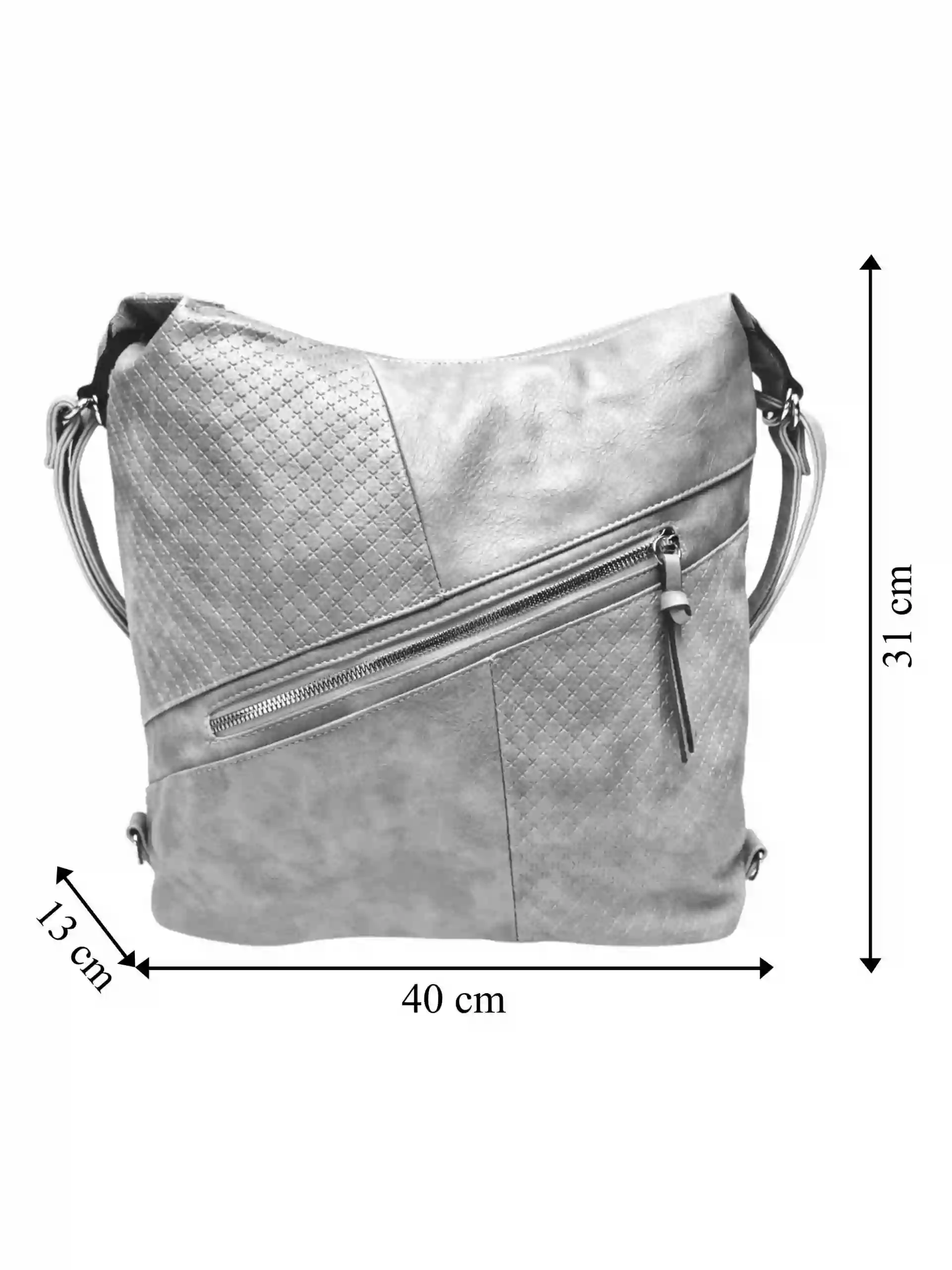 Velký světle šedý kabelko-batoh s šikmou kapsou, Tapple, H18077N+, přední strana kabelko-batohu 2v1 s rozměry