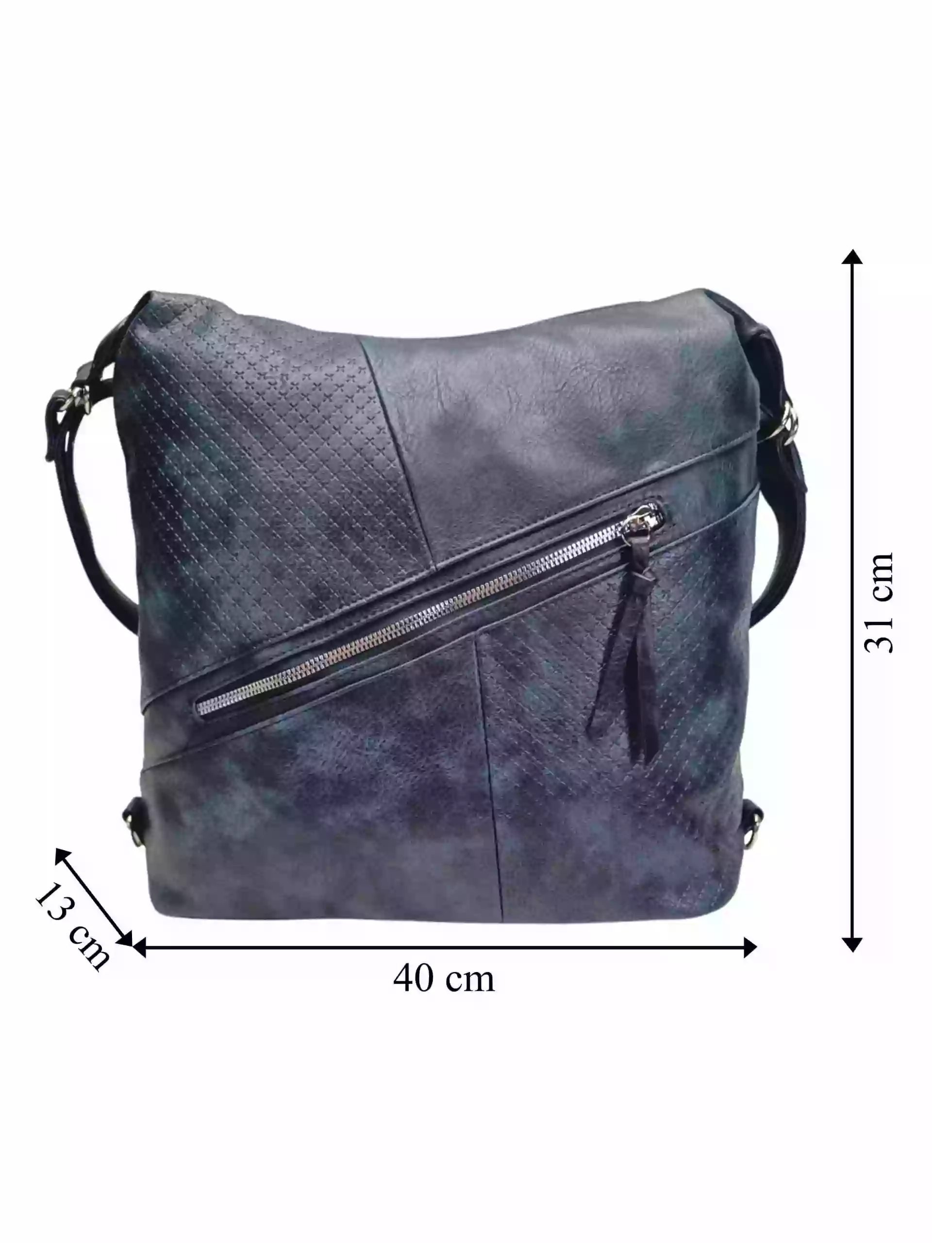 Velký tmavě modrý kabelko-batoh s šikmou kapsou, Tapple, H18077N+, přední strana kabelko-batohu 2v1 s rozměry