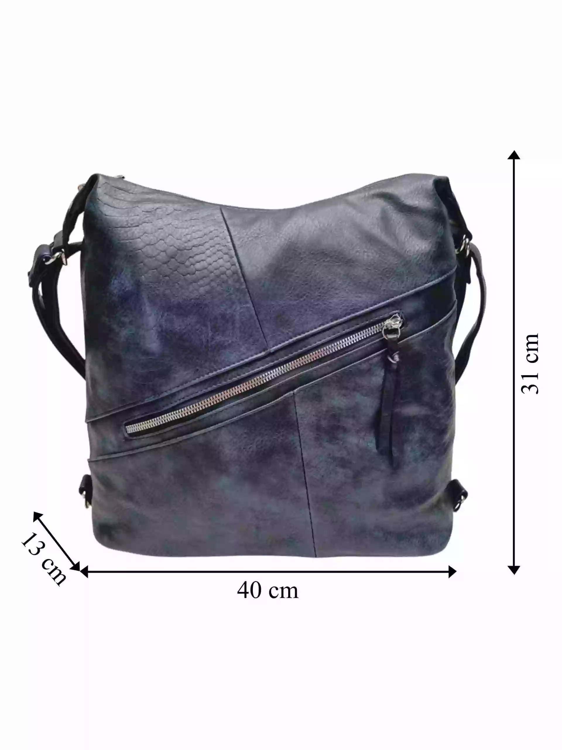 Velký tmavě modrý kabelko-batoh z eko kůže, Tapple, H18077, přední strana kabelko-batohu 2v1 s rozměry