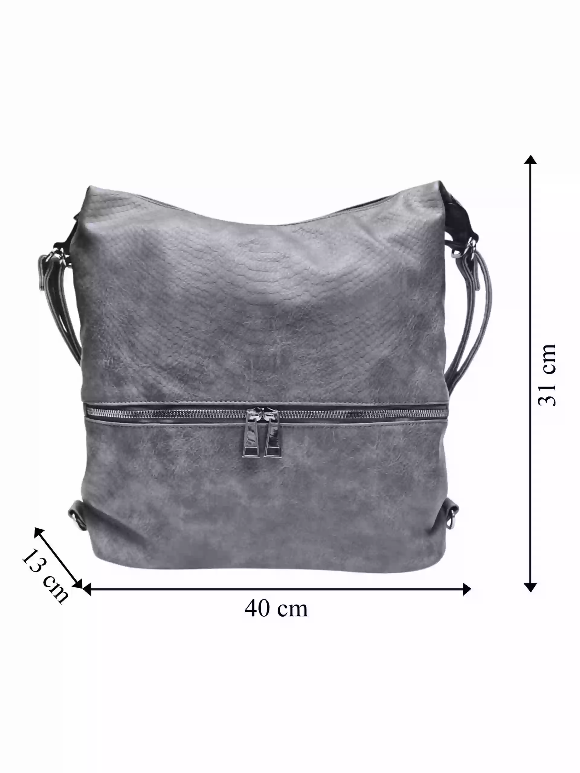 Moderní středně šedý kabelko-batoh z eko kůže, Tapple, H190010, přední strana kabelko-batohu 2v1 s rozměry