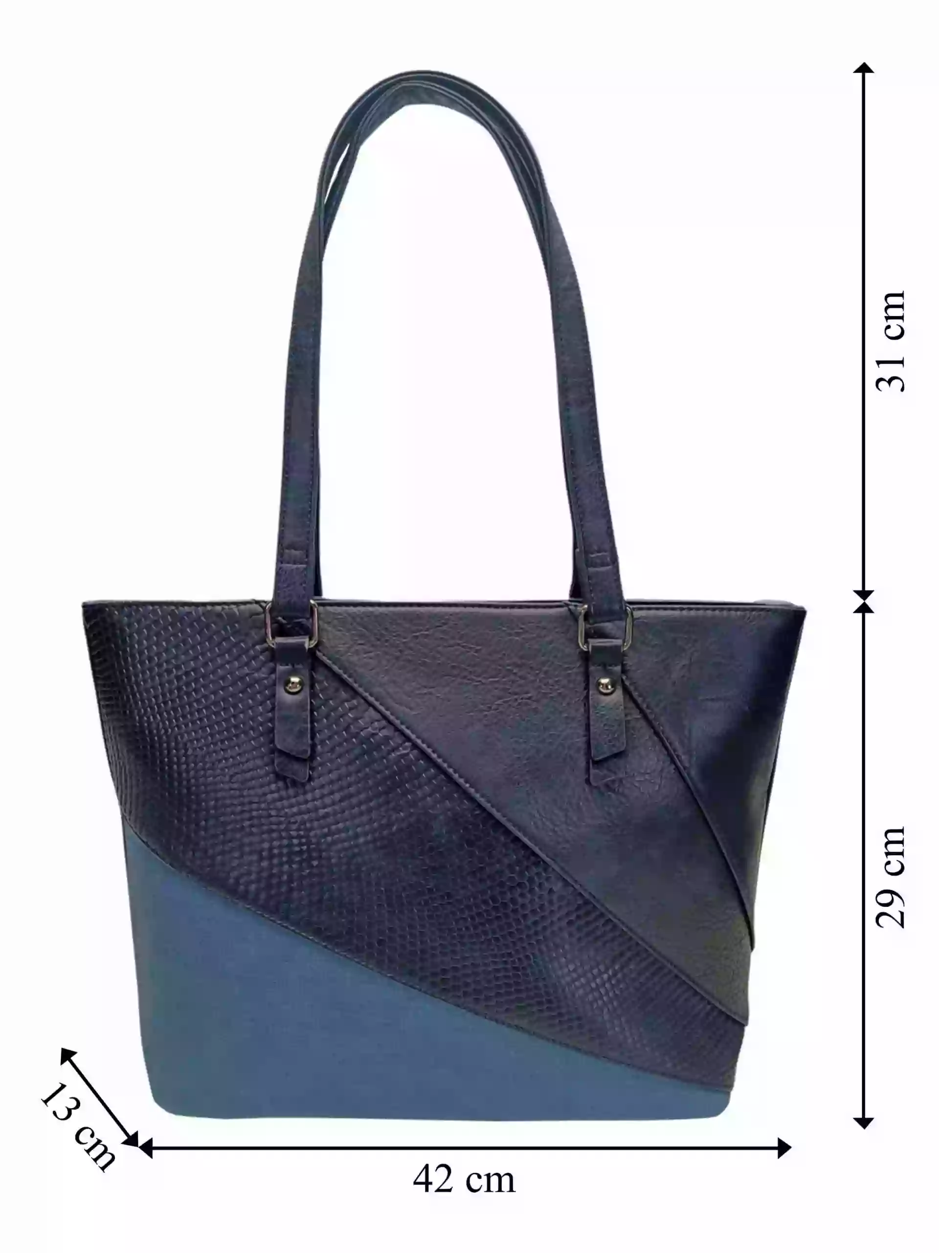 Tmavě modrá dámská kabelka přes rameno se vzory, Tapple, H17224, přední strana kabelky přes rameno s rozměry