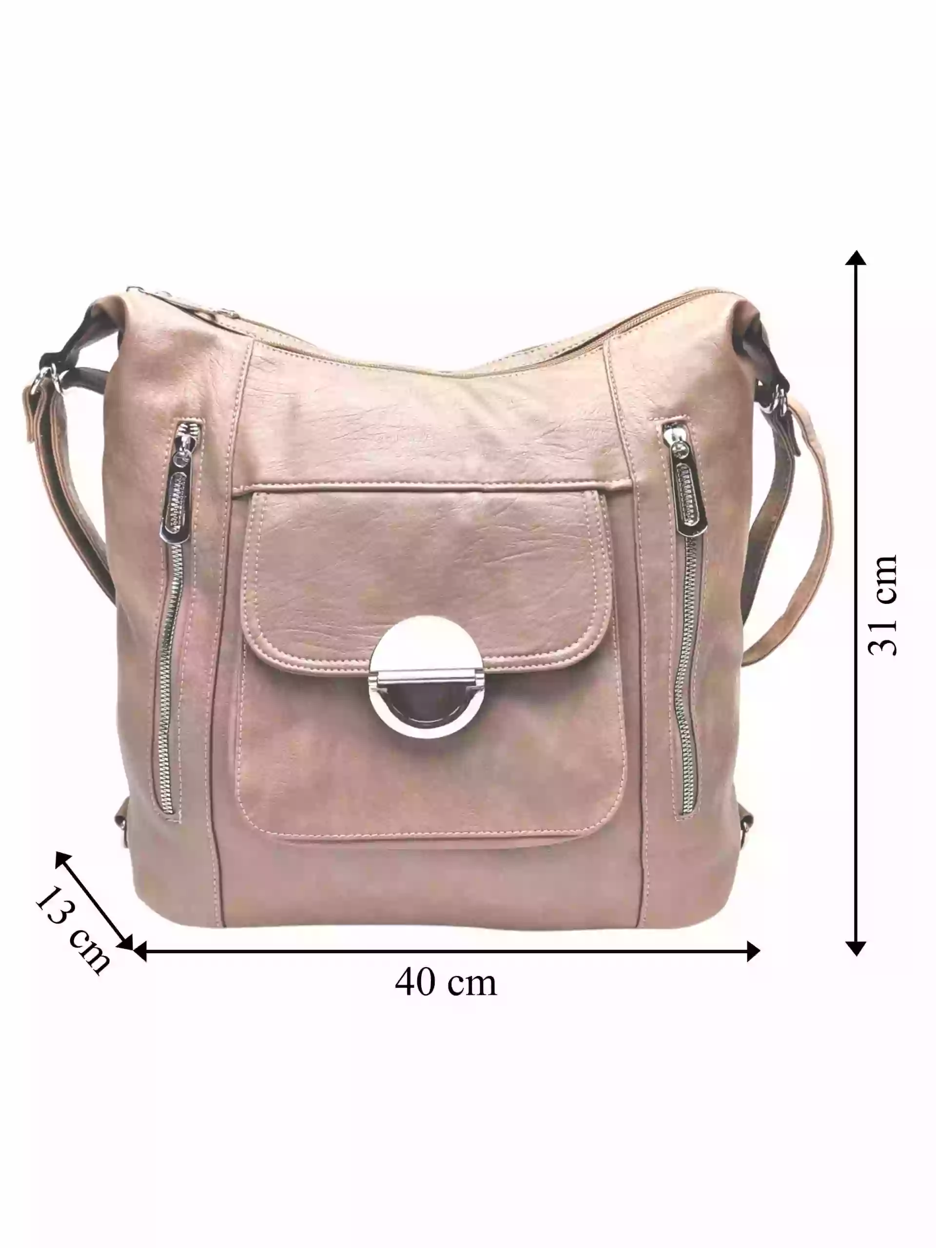 Velký hnědošedý kabelko-batoh 2v1 s kapsami, Tapple, H23029, přední strana kabelko-batohu 2v1 s rozměry