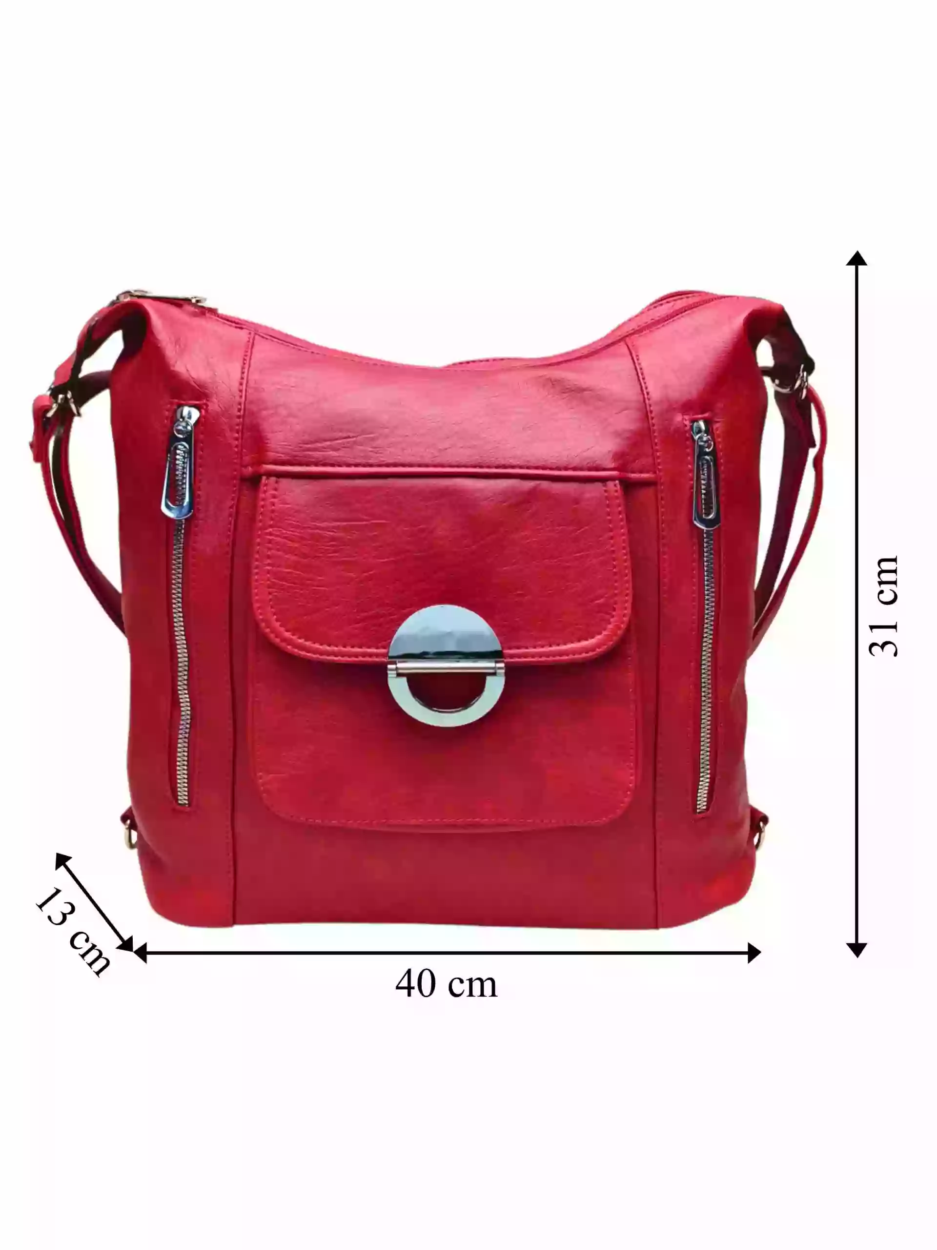 Velký tmavě červený kabelko-batoh 2v1 s kapsami, Tapple, H23029, přední strana kabelko-batohu 2v1 s rozměry