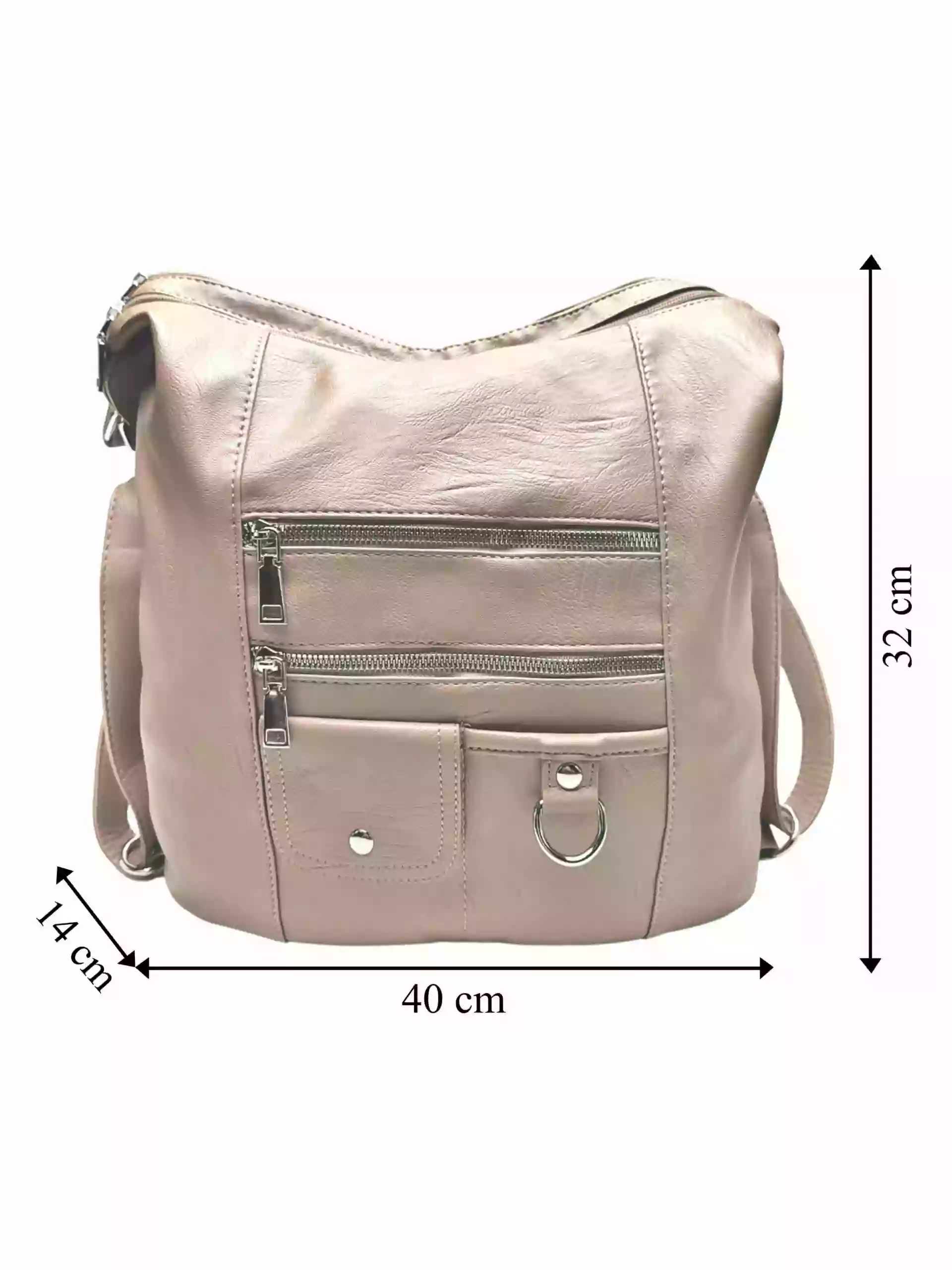 Hnědošedý kabelko-batoh 2v1 s kapsami, Tapple, S17BV6, přední strana kabelko-batohu 2v1 s rozměry