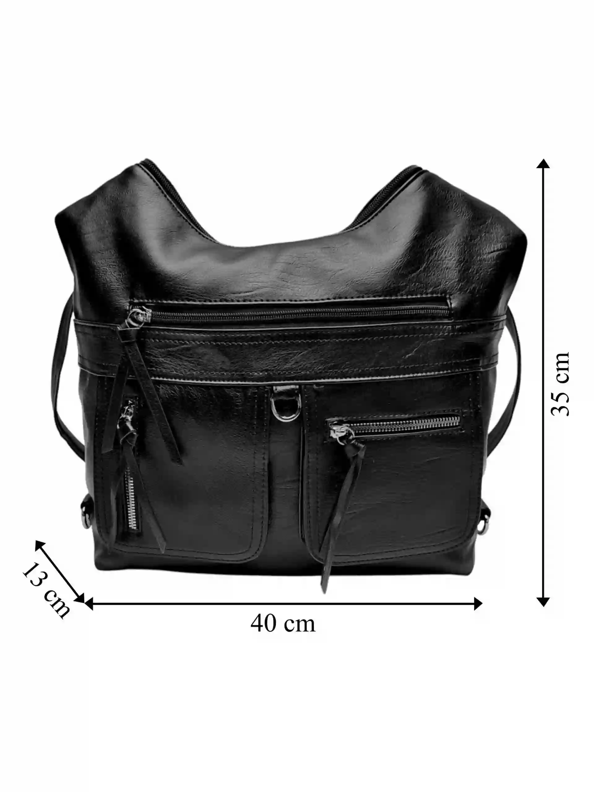 Praktický černý kabelko-batoh 2v1, Tapple, 039C, přední strana kabelko-batohu 2v1 s rozměry