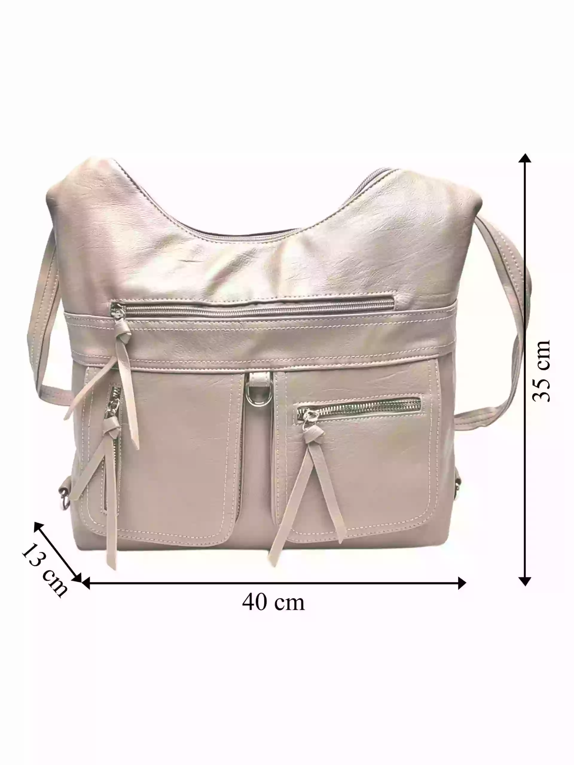 Praktický hnědošedý kabelko-batoh 2v1, Tapple, 039C, přední strana kabelko-batohu 2v1 s rozměry