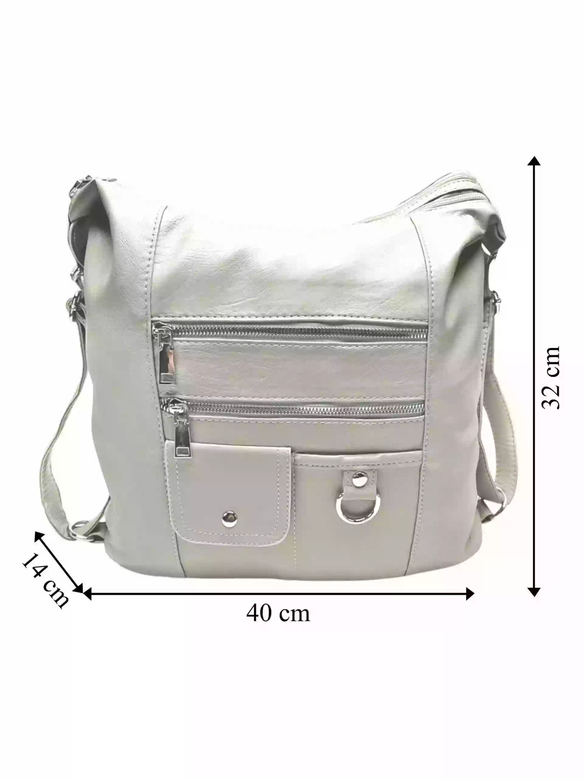 Šedobéžový kabelko-batoh 2v1 s kapsami, Tapple, S17BV6, přední strana kabelko-batohu 2v1 s rozměry