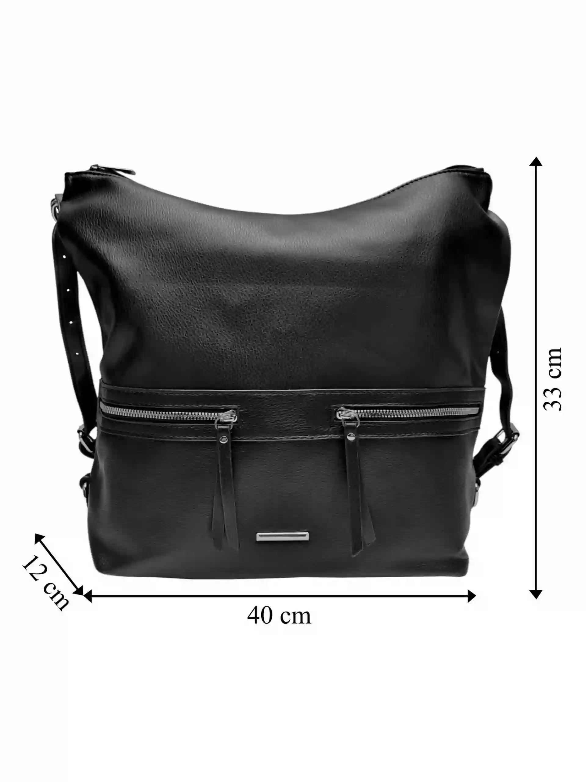 Velká černá kabelka a batoh 2v1, Tapple, X366, přední strana kabelko-batohu 2v1 s rozměry