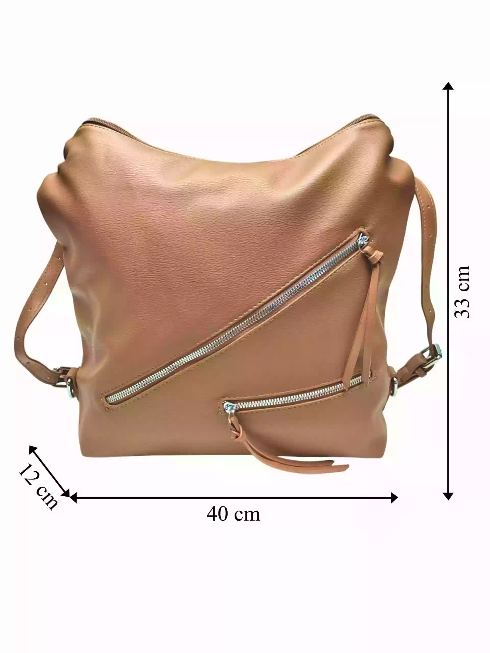 Velká středně hnědá kabelka a batoh v jednom, Tapple, X368, přední strana kabelko-batohu 2v1 s rozměry