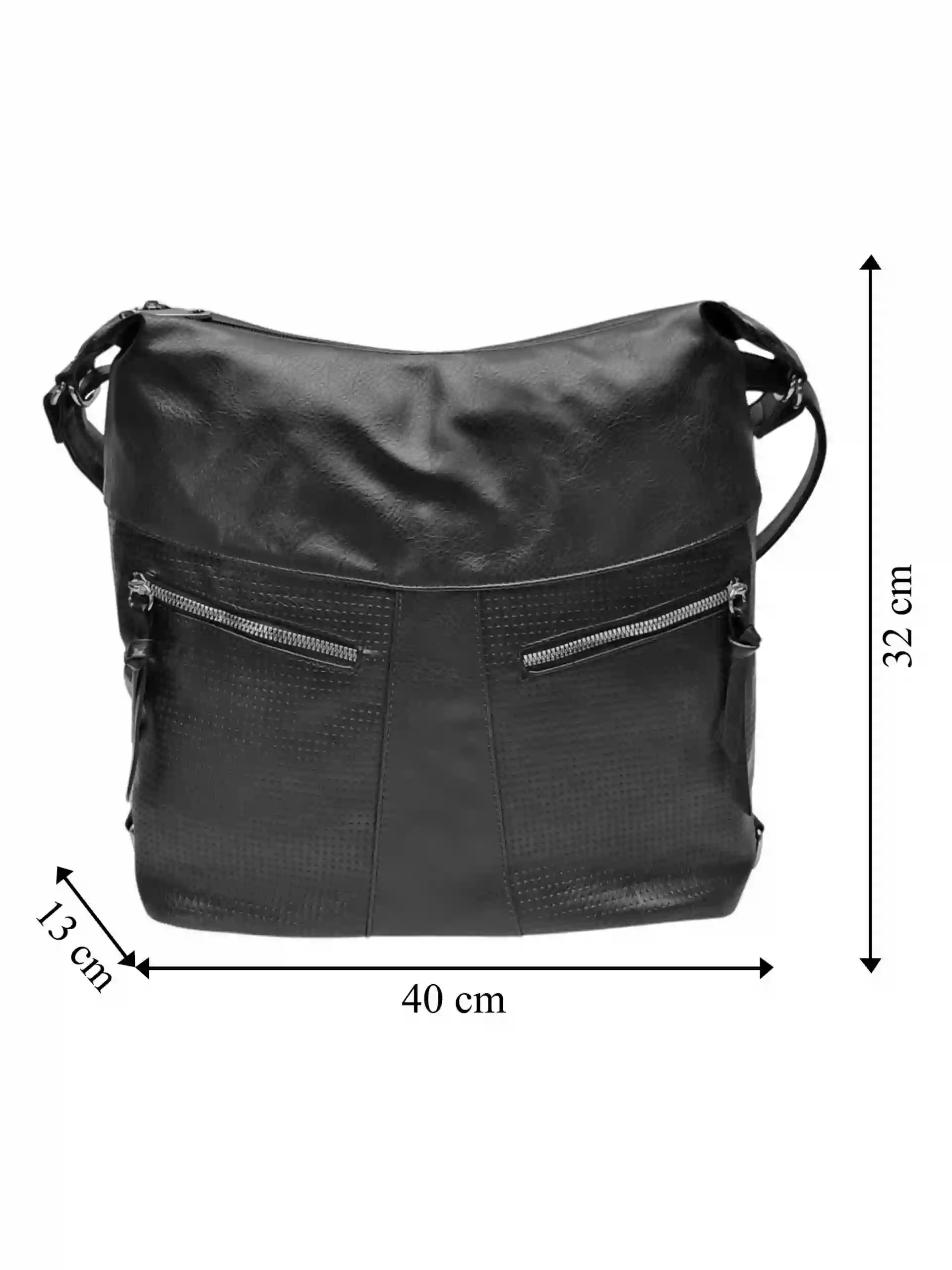 Velký černý kabelko-batoh z eko kůže, Tapple, H18076, přední strana kabelko-batohu s rozměry