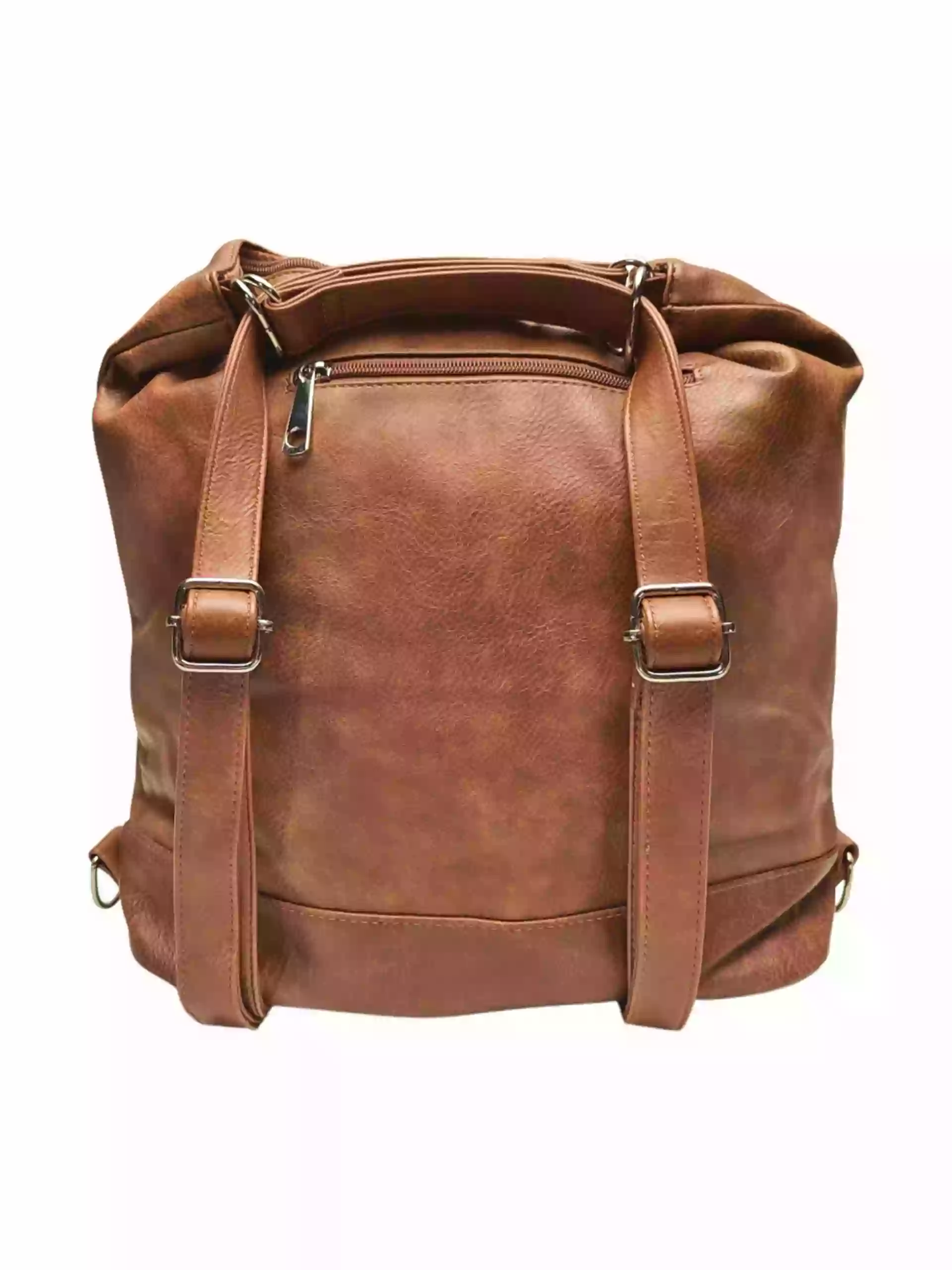 Velký středně hnědý kabelko-batoh s kapsami, Tapple, H23906, zadní strana kabelko-batohu s popruhy