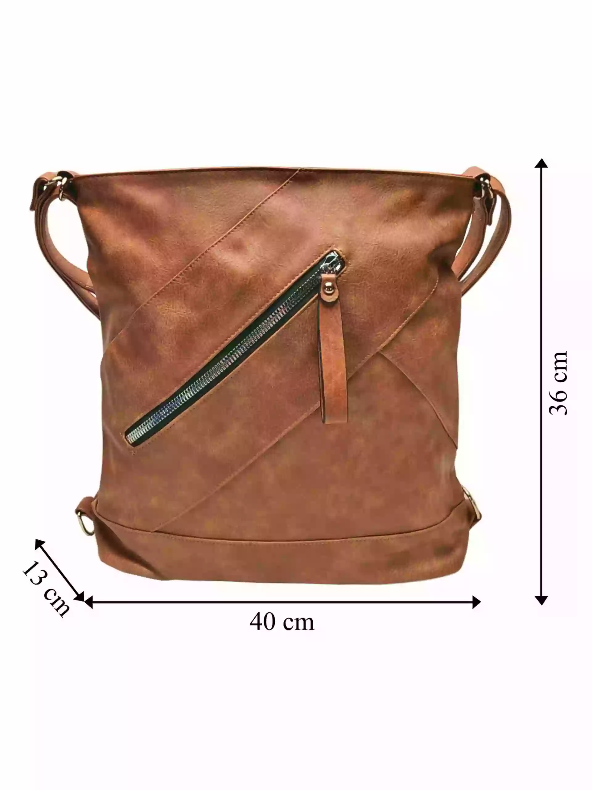 Velký středně hnědý kabelko-batoh s kapsou, Tapple, H23904, přední strana kabelko-batohu s rozměry