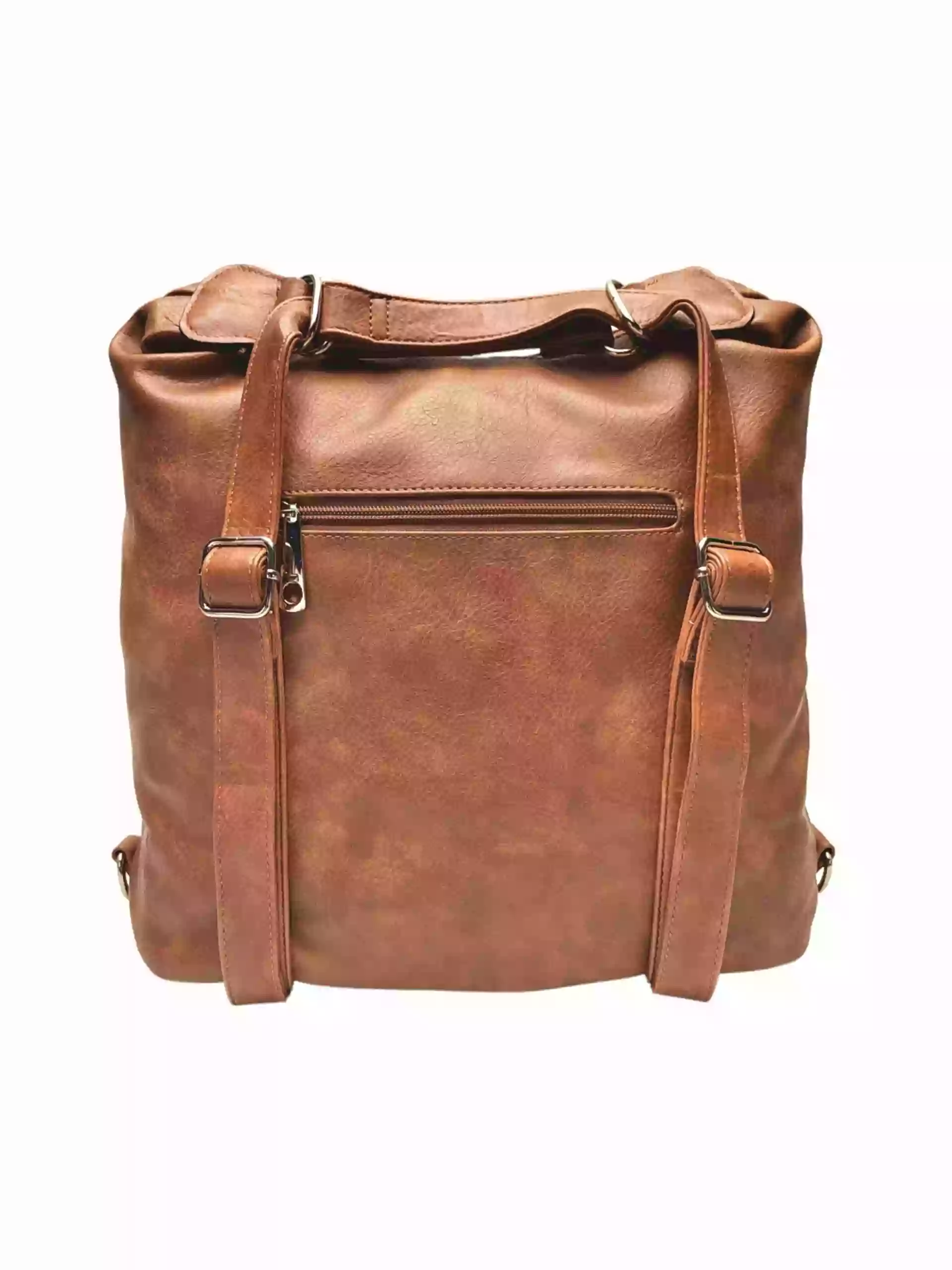 Velký středně hnědý kabelko-batoh z eko kůže, Tapple, H18076, zadní strana kabelko-batohu s popruhy