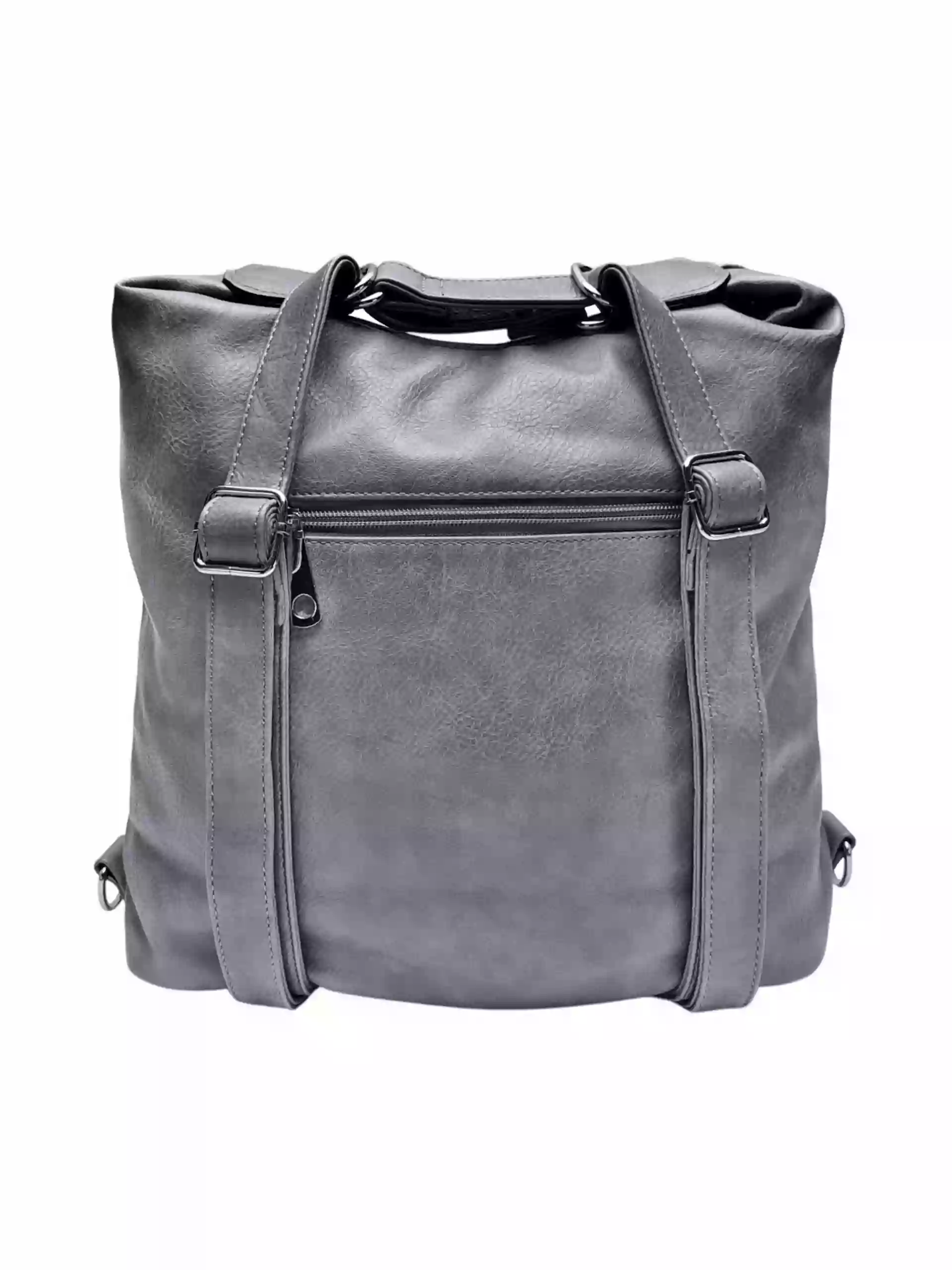 Velký středně šedý kabelko-batoh z eko kůže, Tapple, H18076, zadní strana kabelko-batohu s popruhy