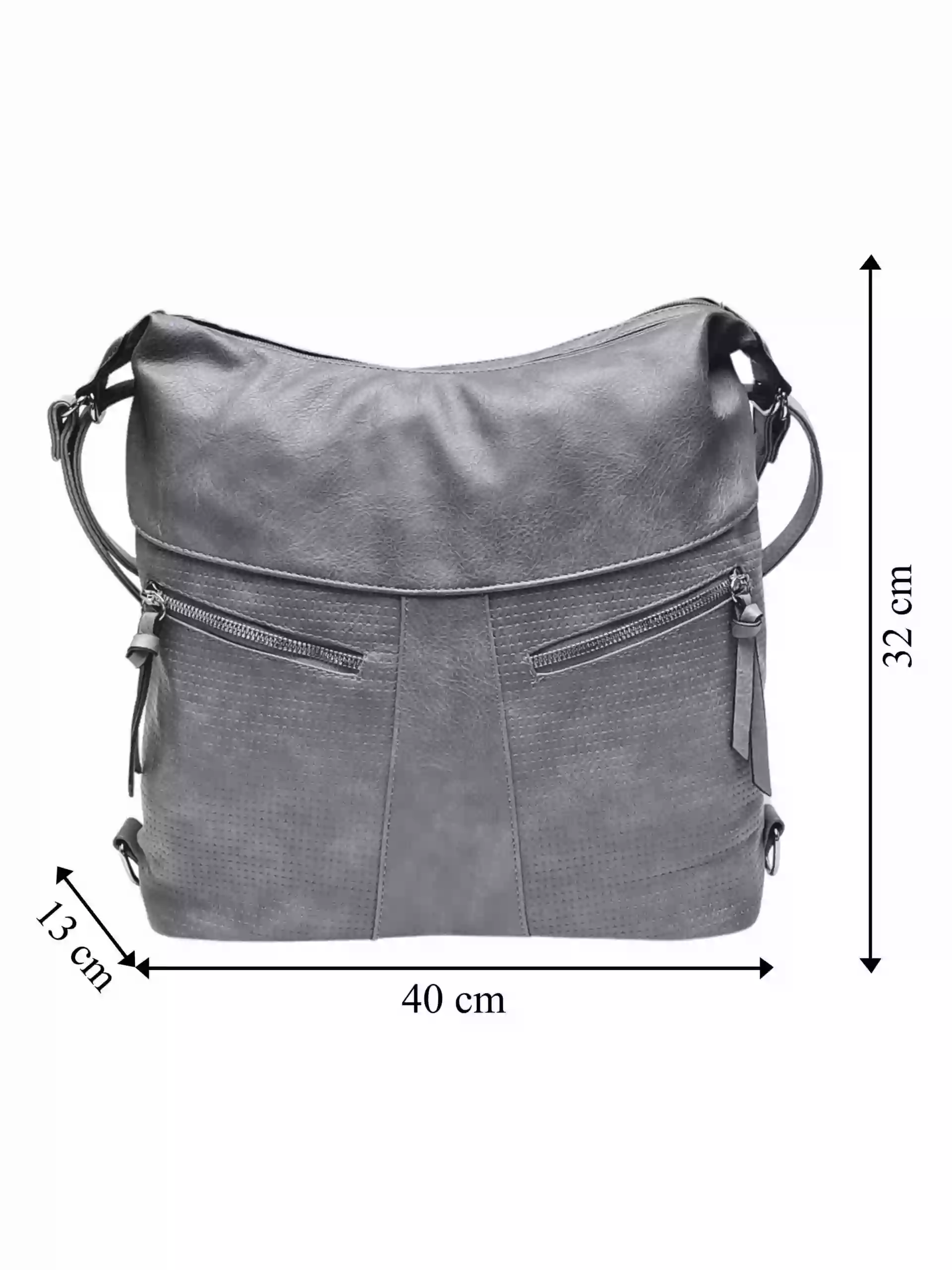 Velký středně šedý kabelko-batoh z eko kůže, Tapple, H18076, přední strana kabelko-batohu s rozměry