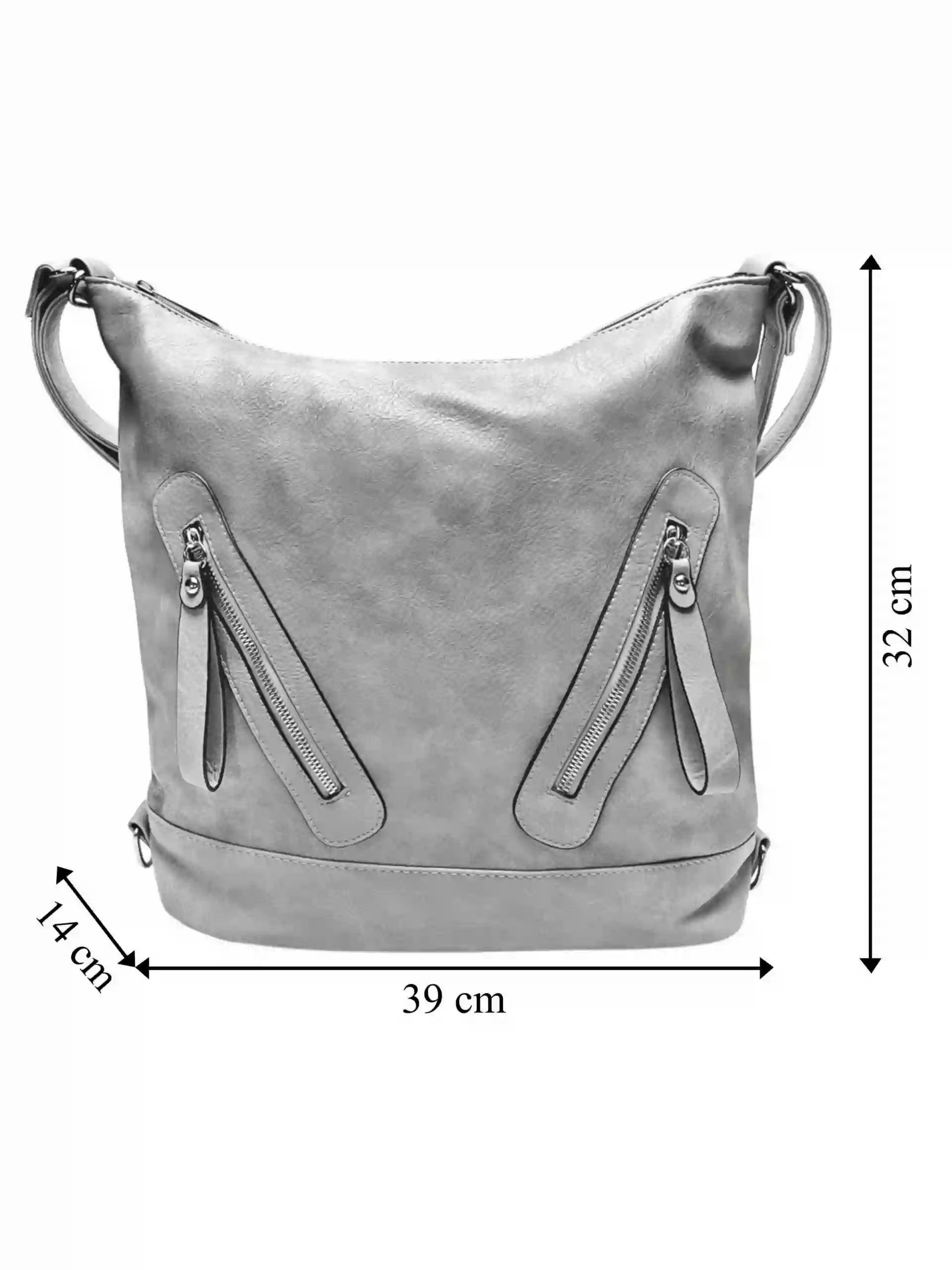 Velký světle šedý kabelko-batoh s kapsami, Tapple, H23906, přední strana kabelko-batohu s rozměry
