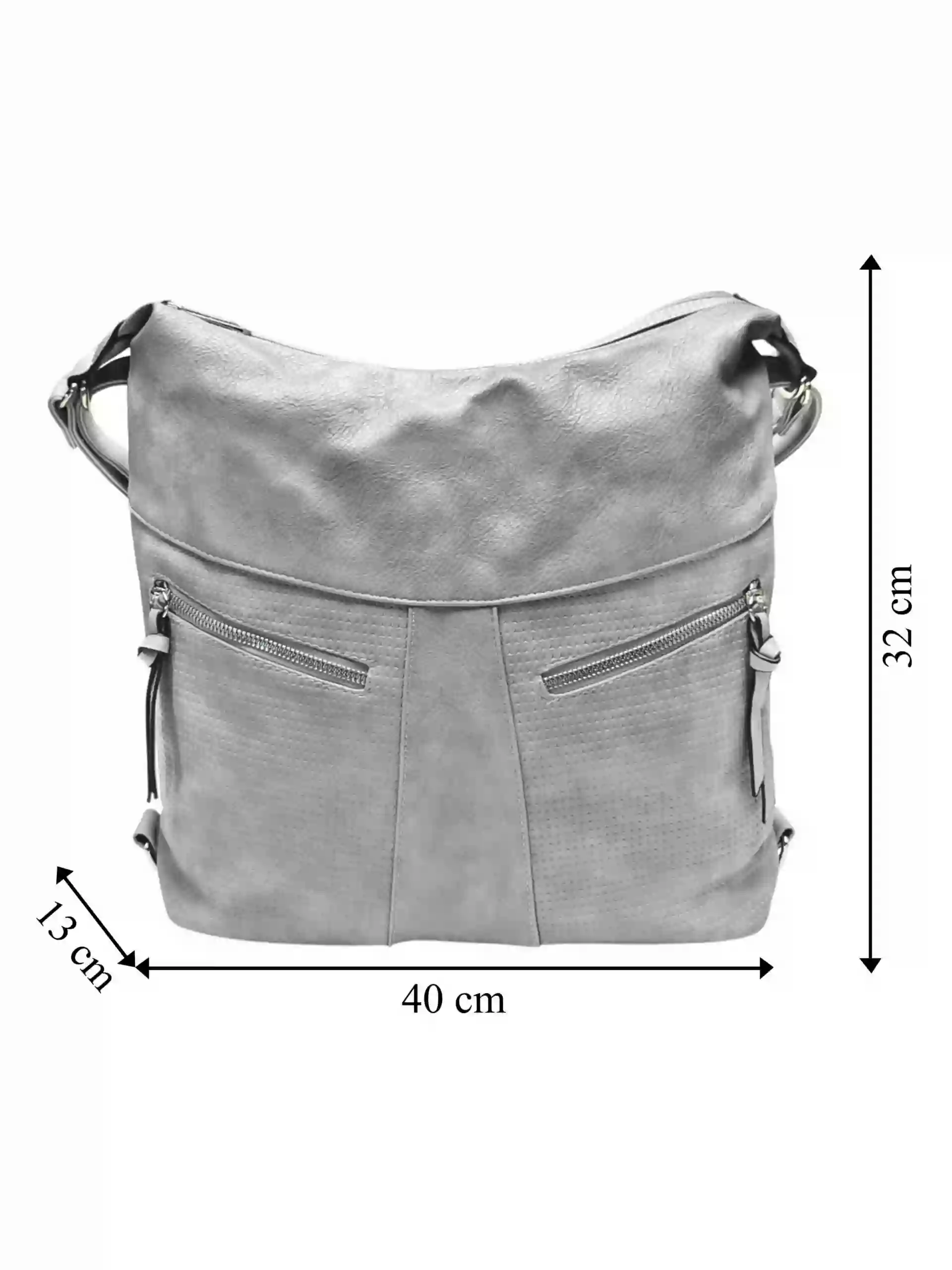 Velký světle šedý kabelko-batoh z eko kůže, Tapple, H18076, přední strana kabelko-batohu s rozměry