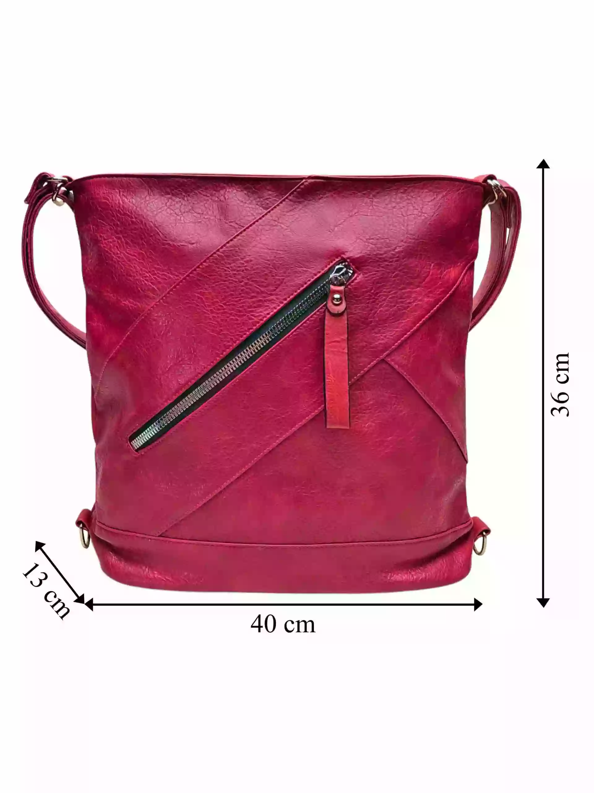 Velký vínový / bordó kabelko-batoh s kapsou, Tapple, H23904, přední strana kabelko-batohu s rozměry