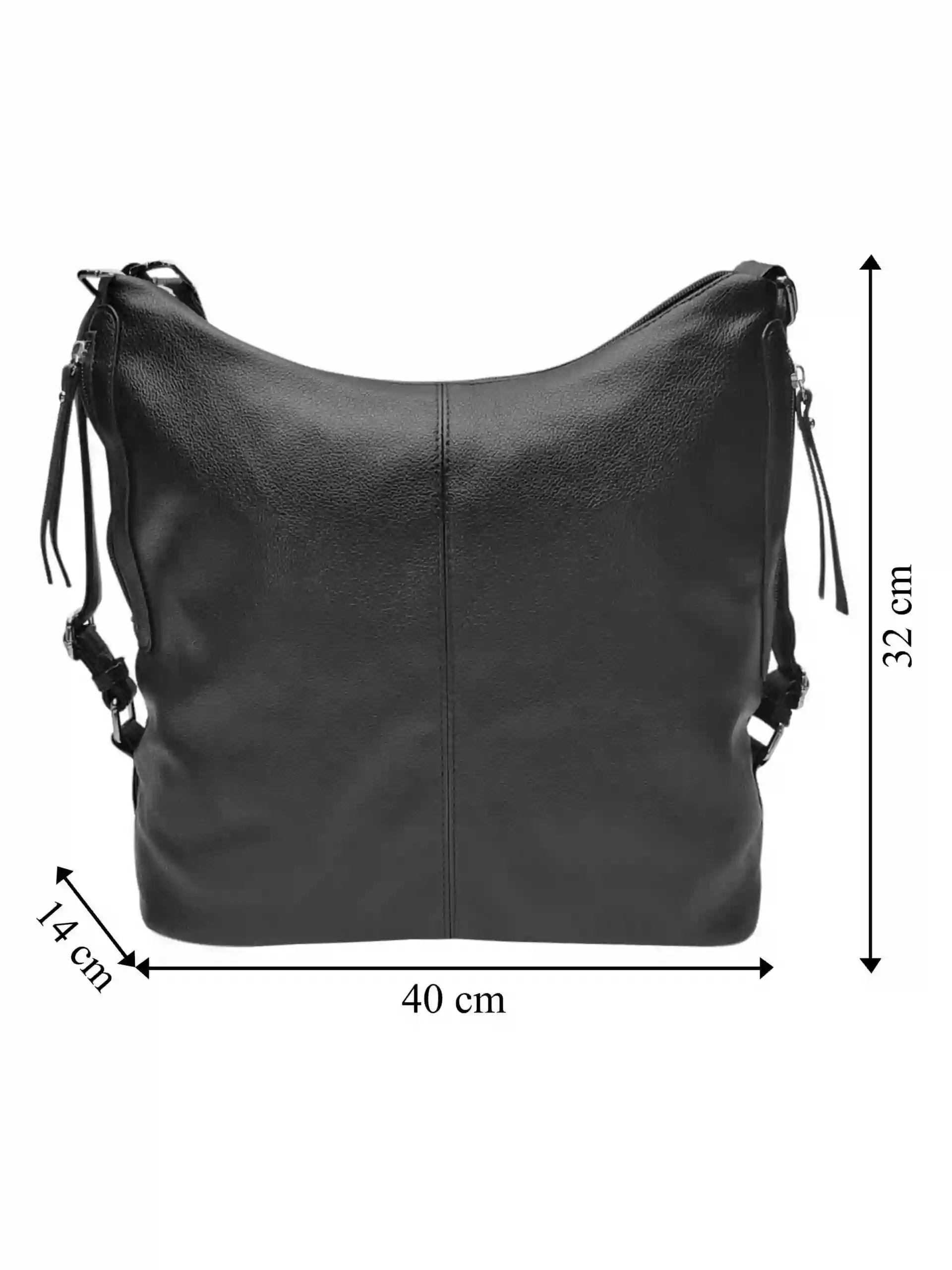 Velký černý kabelko-batoh s bočními kapsami, Tapple, 9314-3, přední strana kabelko-batohu s rozměry